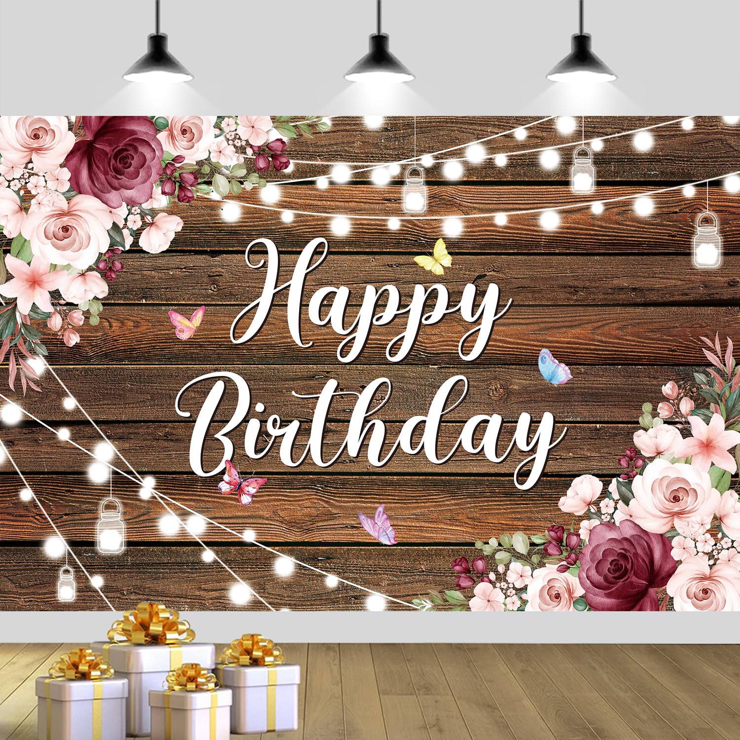 YinQin 180x120 cm Rustic Wood Flower Birthday Backdrops Photo Cloth 71x47 inch Happy Bday Photography Backgrounds Wooden Floral Butterfly Happy