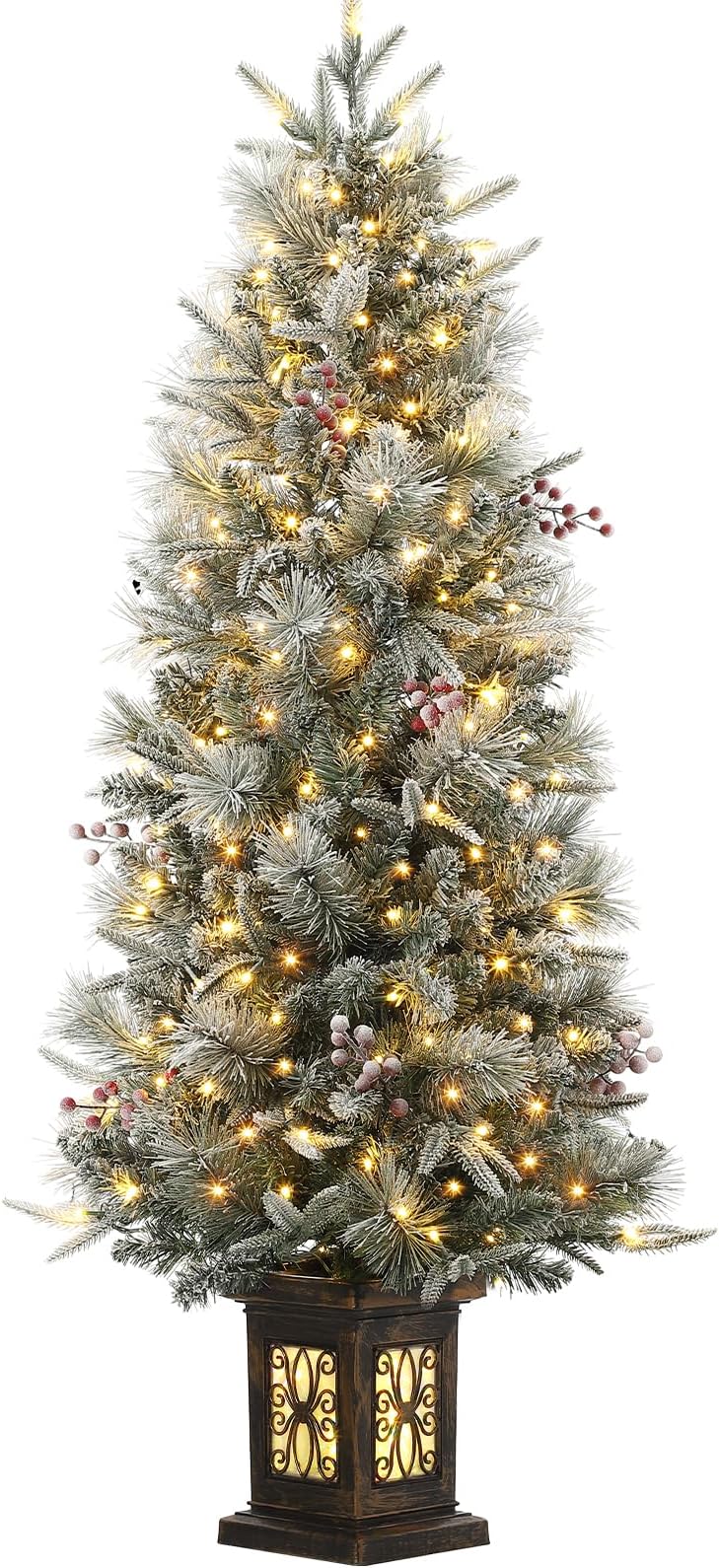 4.5ft Pre-Lit Snow Flocked Christmas Tree with 200 LED Lights, Artificial Potted Xmas Tree with 8 Lighting Modes, Faux Berries, Antique Urn Base, for Holiday Decor,1 Pack