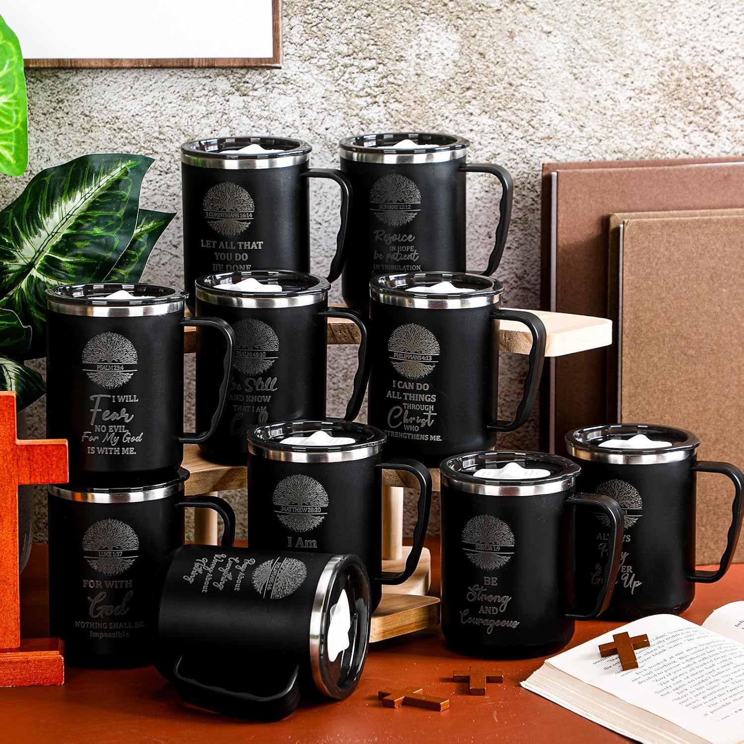 Nuogo 10 Set Christian Gift Bible Verse Tumbler Bulk Pastor Appreciation Day Gifts 17 oz Coffee Mugs with Lid and Straw Religious Jesus Tumbler Cup for Grandparents Day Church Thanksgiving Christmas