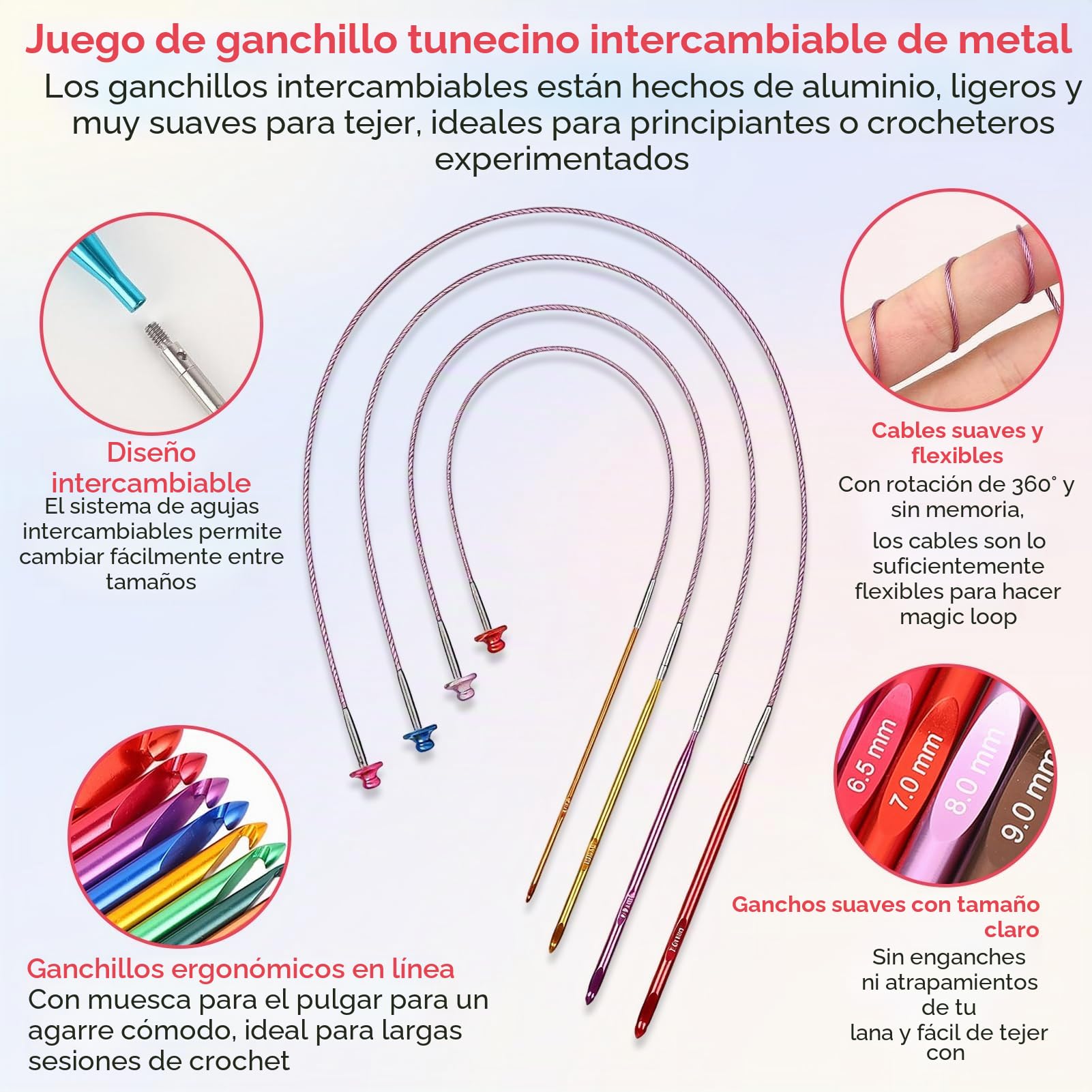 Set de ganchos de crochet tunecinos, ganchos de crochet intercambiables de aluminio colocados con cable de 12 piezas de 3 mm-10 mm con bolsa PU