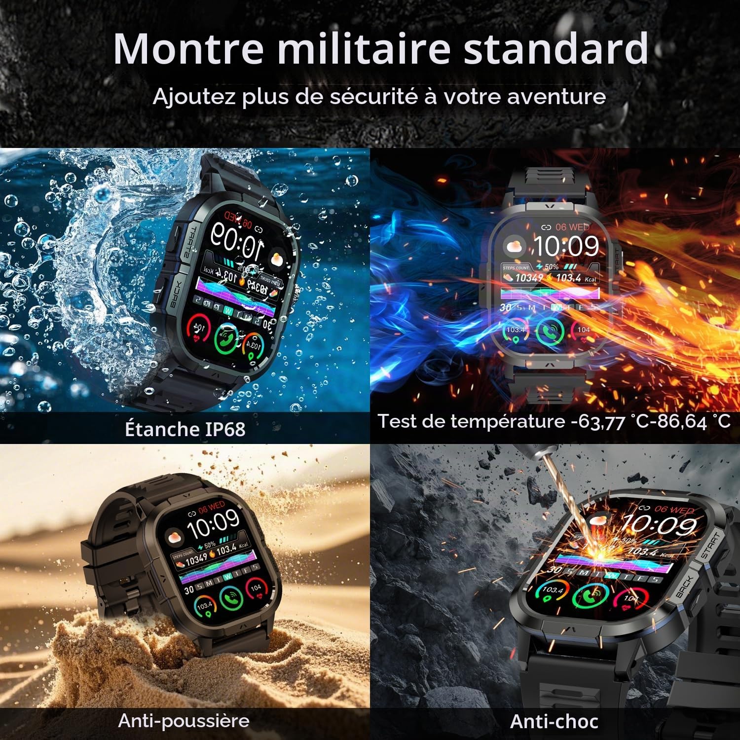 Montre Connectée Homme Femme Smartwatch avec Appel Bluetooth: Fitness Smart Watches for Men Militaire Montre Sport Tracker 120+ Podometre IP68 Étanche Montre Intelligente Smart Watch pour iOS Android