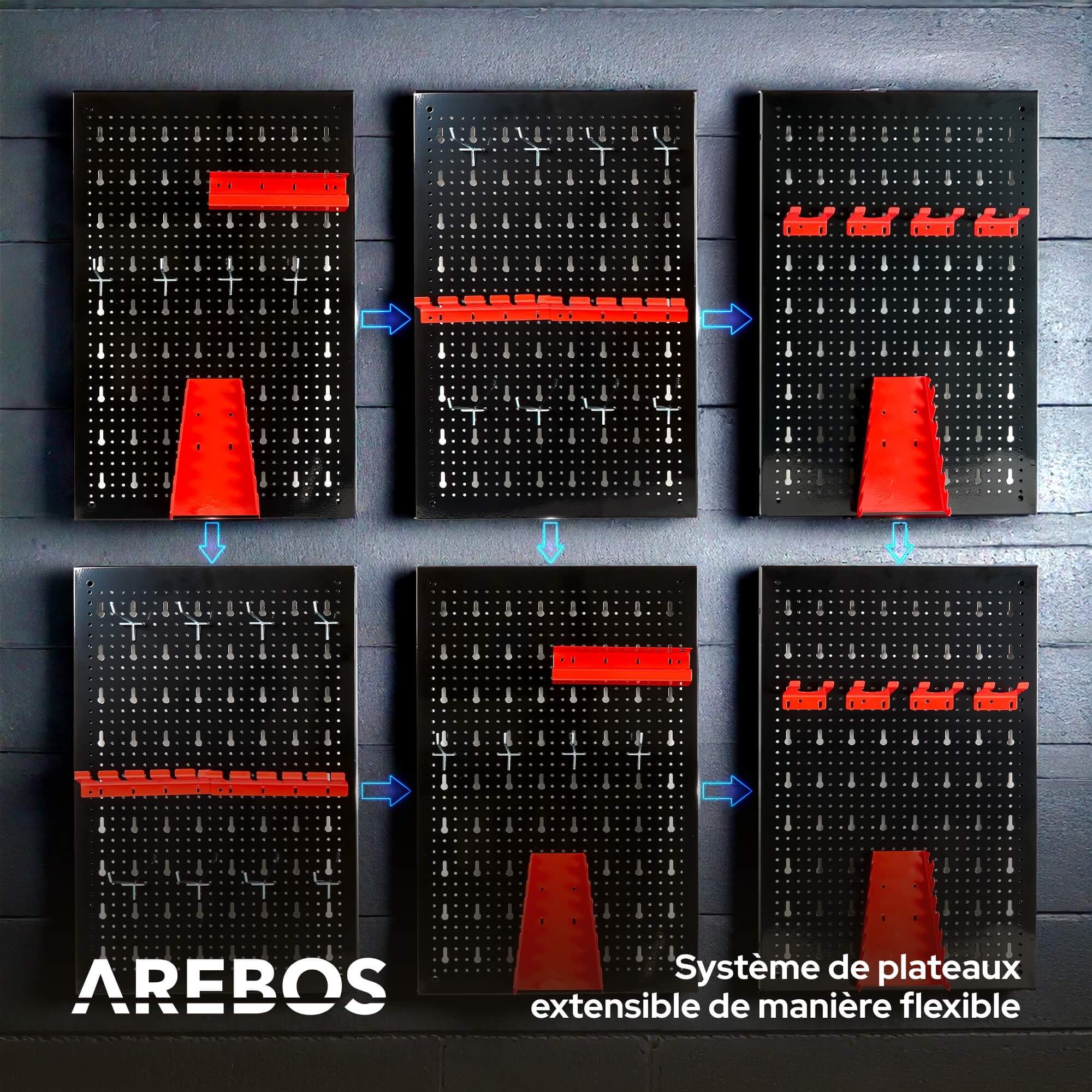AREBOS Panneau à Outils Mural 6 Pièces | Kit avec 34 Crochets et Supports | 235,2 x 59,5 cm | Mur à Outils en Métal pour Atelier | Matériel de Montage Inclus | Rouge