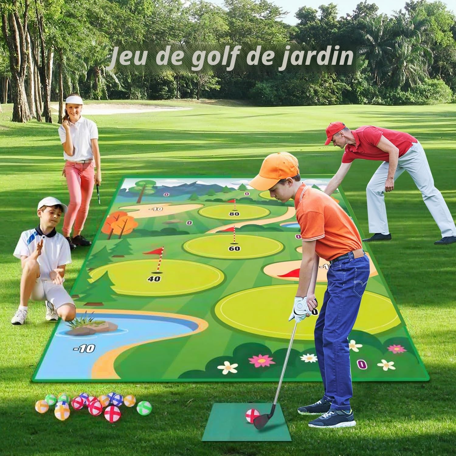 Clemas Jeu de Golf avec Tapis de Frappe, 20 Balles Adhésives, Club, Tableau de Bord, Cibles pour Intérieur et Extérieur