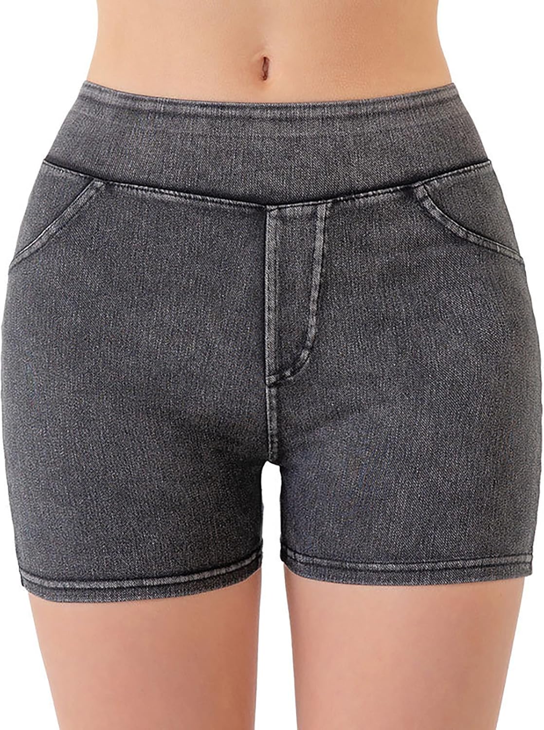 Womens Imitation Denim Shorts Skinny Fake Jean Trousers Trendy Elastic Waist Yoga Workout Short Leggings with Pocket