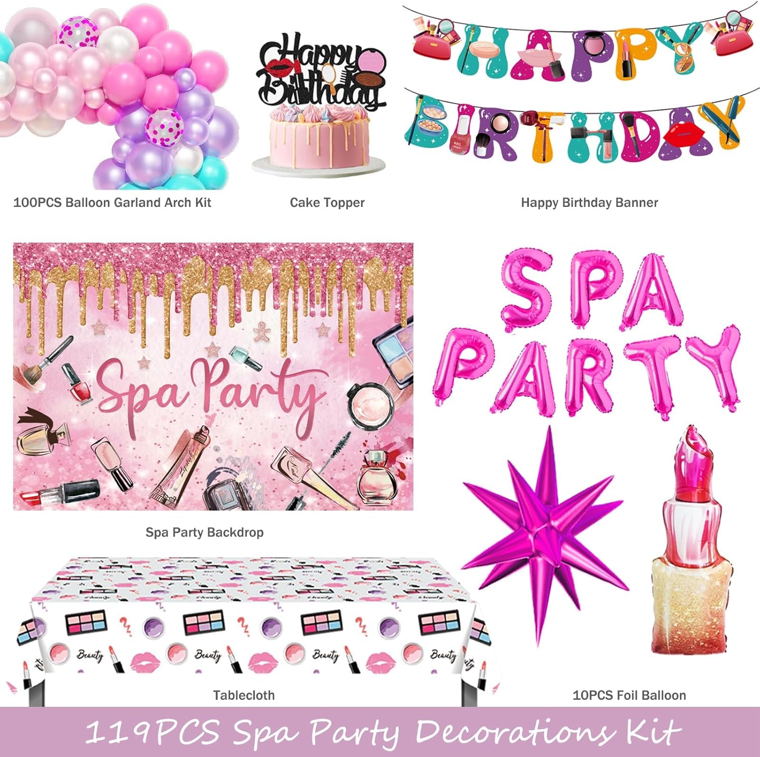 Spa Party Decorations, Makeup Birthday Party Decorations, Spa Party Supplies for Girls, Pink Spa Day Salon Cosmetics Birthday Decorations Backdrop Banner Balloon Tablecloth Cake Cupcake Topper
