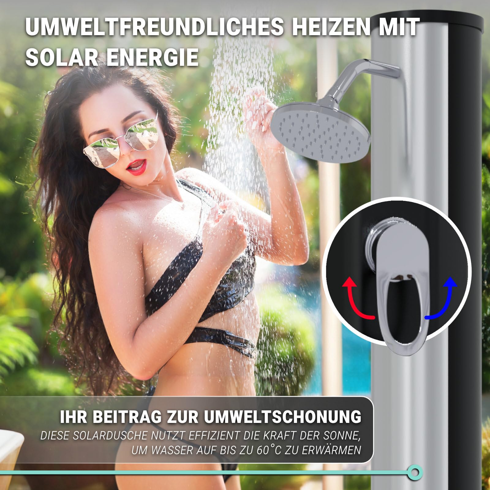 HAGO Solardusche | 35L | rund | Schwarz/Silber | Pooldusche | Campingdusche | Gartendusche | Outdoor Fußdusche | Universal | Stromlos