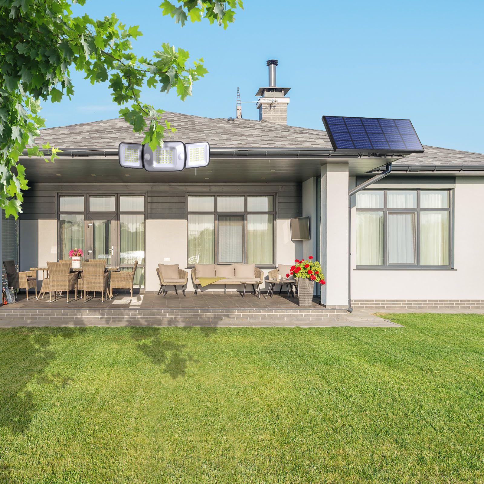INTELAMP Zewnętrzne lampy solarne z czujnikiem ruchu, 1200 lm, 6000 mAh, lampa solarna zewnętrzna z pilotem zdalnego sterowania, lampa ścienna, kąt 270°, obracana o 270°, lampa solarna do użytku na