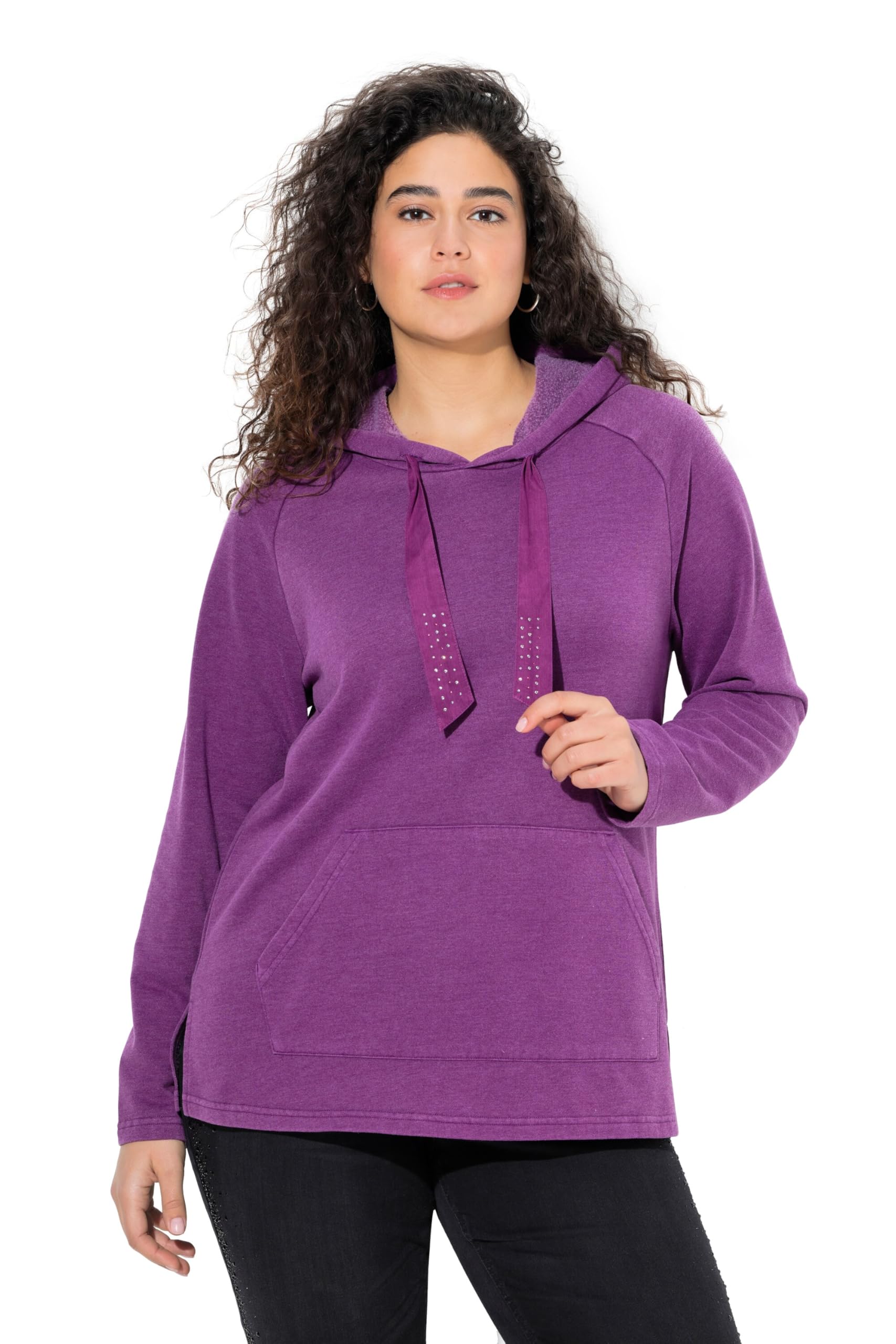 Ulla Popken Damen große Größen Übergrößen Plus Size Hoodie, Vintage-Look, verzierte Kordel, Langarm 842072