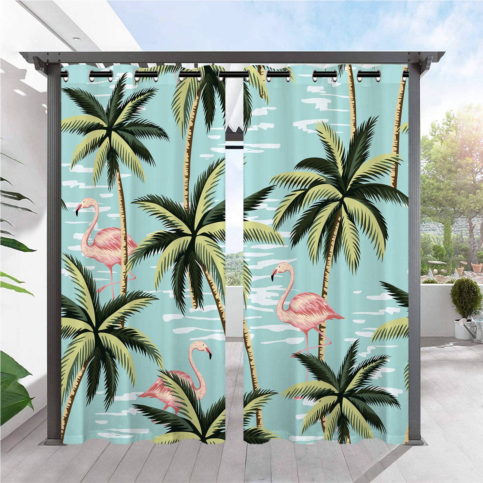 ANHOPE Outdoor Curtains Waterproof Eyelet Ring Top Drapes Tropical Palm Tree Leaf Flamingo Print Pattern Privacy Outside Curtains for Garden Patio Gazebo Pergola Porch Pool 2 Panels 52 x 84 Inch โ image 1