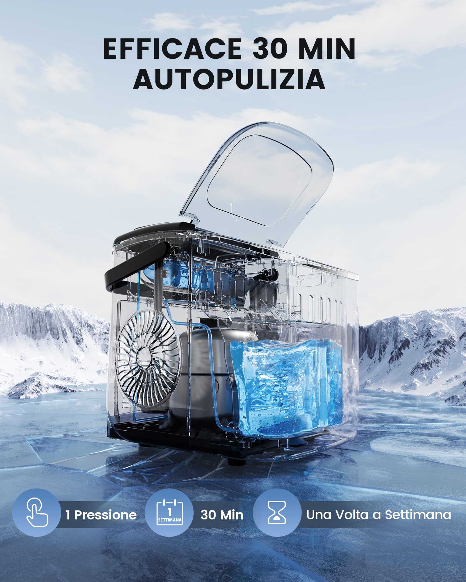 EASYERA Macchina Ghiaccio, Portatile e Compatta, 12KG/ 24 ore, Cubetti di Ghiaccio in 6 Min, 2 Dimensioni di Ghiaccio, Macchina del Ghiaccio Autopulente, Ice Maker Portatile per Casa/Festa/Cucina/Bar