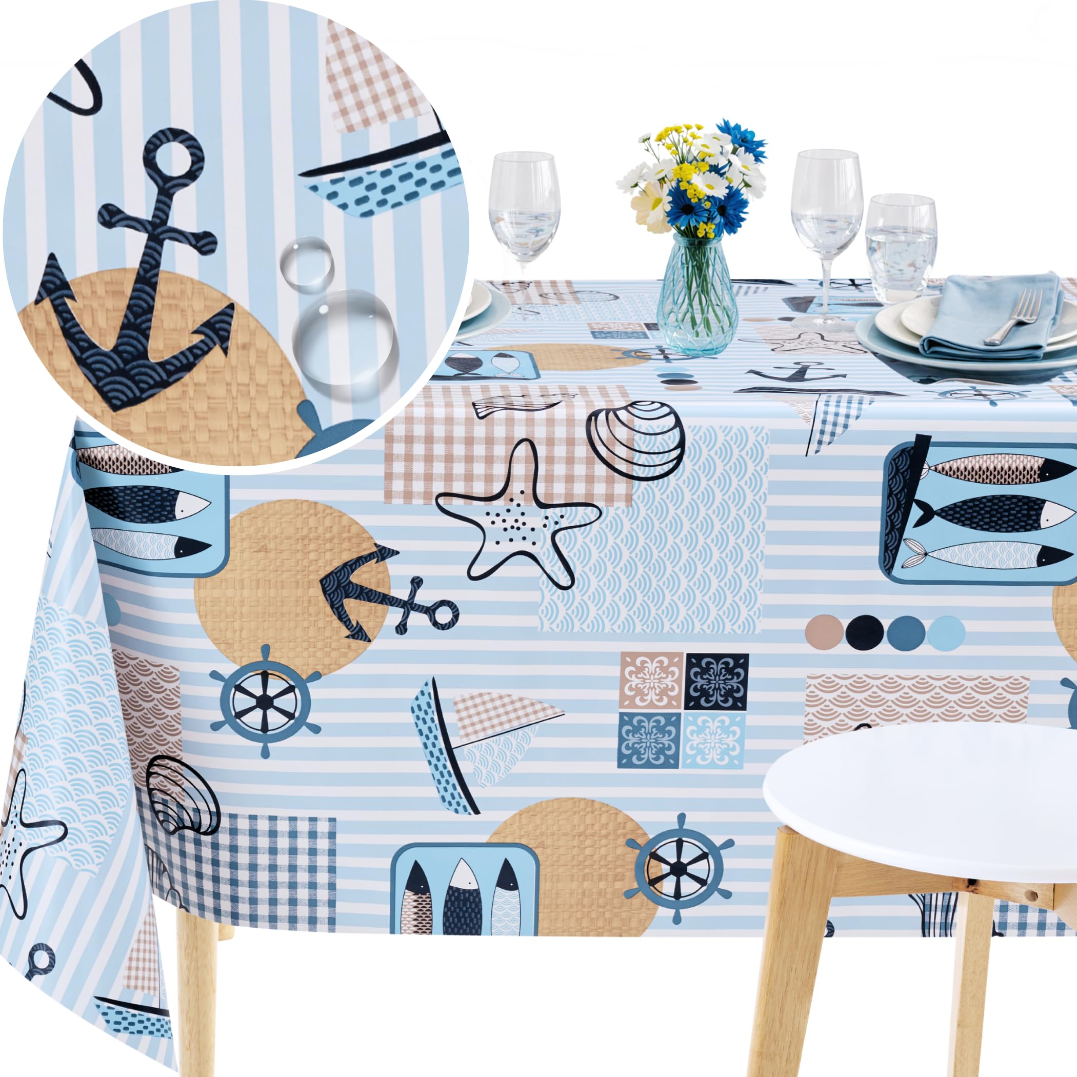 KP HOME Premium Nautical Wipe Clean Tablecloth – Rectangular 250 x 140 cm Waterproof PVC Table Cloth – Blue Seaside Plastic Table Cover – Coastal Wipeable Vinyl Oilcloth for Kitchen & Outdoor