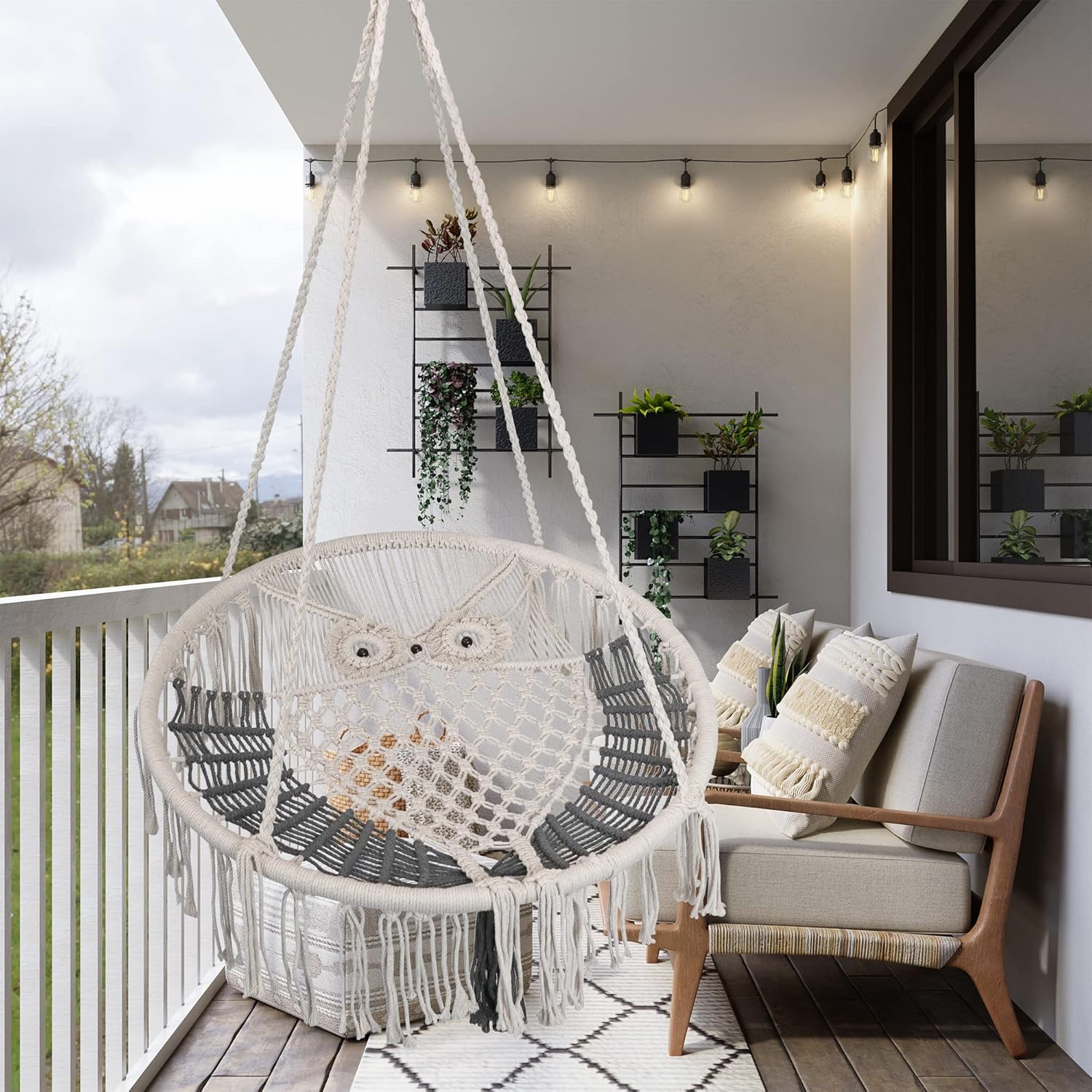 Prime Garden Hammock Chair, Owl Hanging Macrame Swing with Hardware Kits, Handmade Knitted Mesh Rope Swing Chair for Indoor, Outdoor, Bedroom, Patio, Garden, Large (Width 31.9 in)