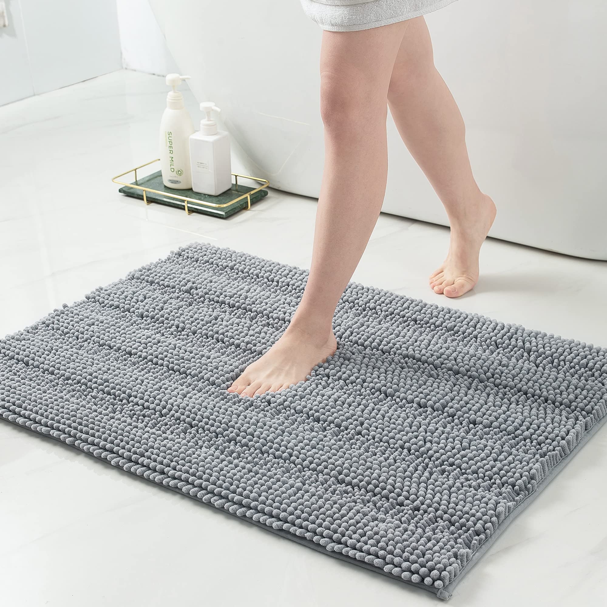 Grandaily Chenille Striped Bathroom Rug Mat, Extra Thick and Absorbent Bath Rugs, Non-Slip Soft Plush Shaggy Bath Carpet, Machine Wash Dry, Bath Mats for Bathroom, 20x32, Grey