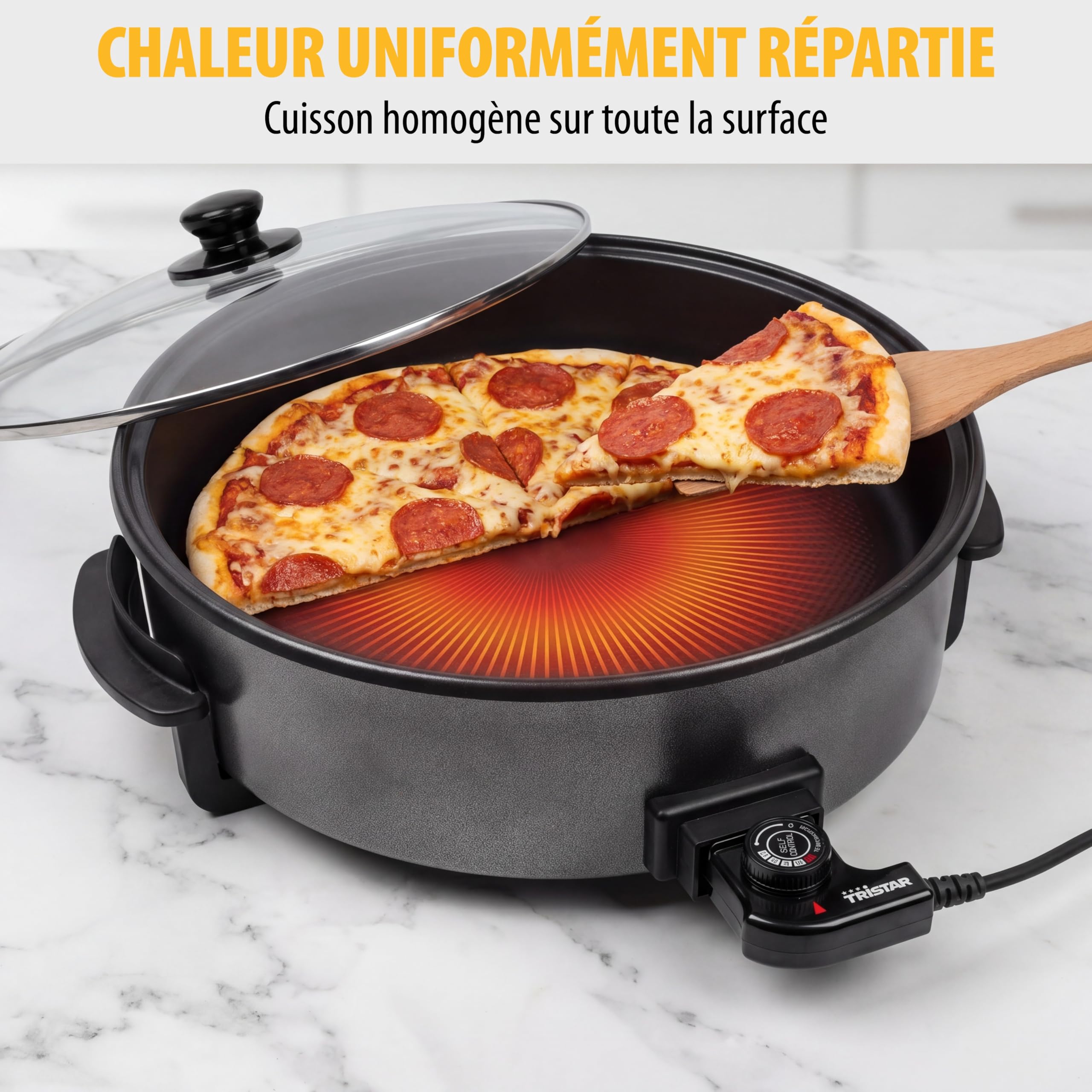 Tristar Poêle Électrique XXL, 40 cm de Diamètre, 7,5 L, Couvercle Amovible avec Évent Vapeur, Revêtement Antiadhésif, Thermostat Réglable, Poignées Froides, PZ-9146