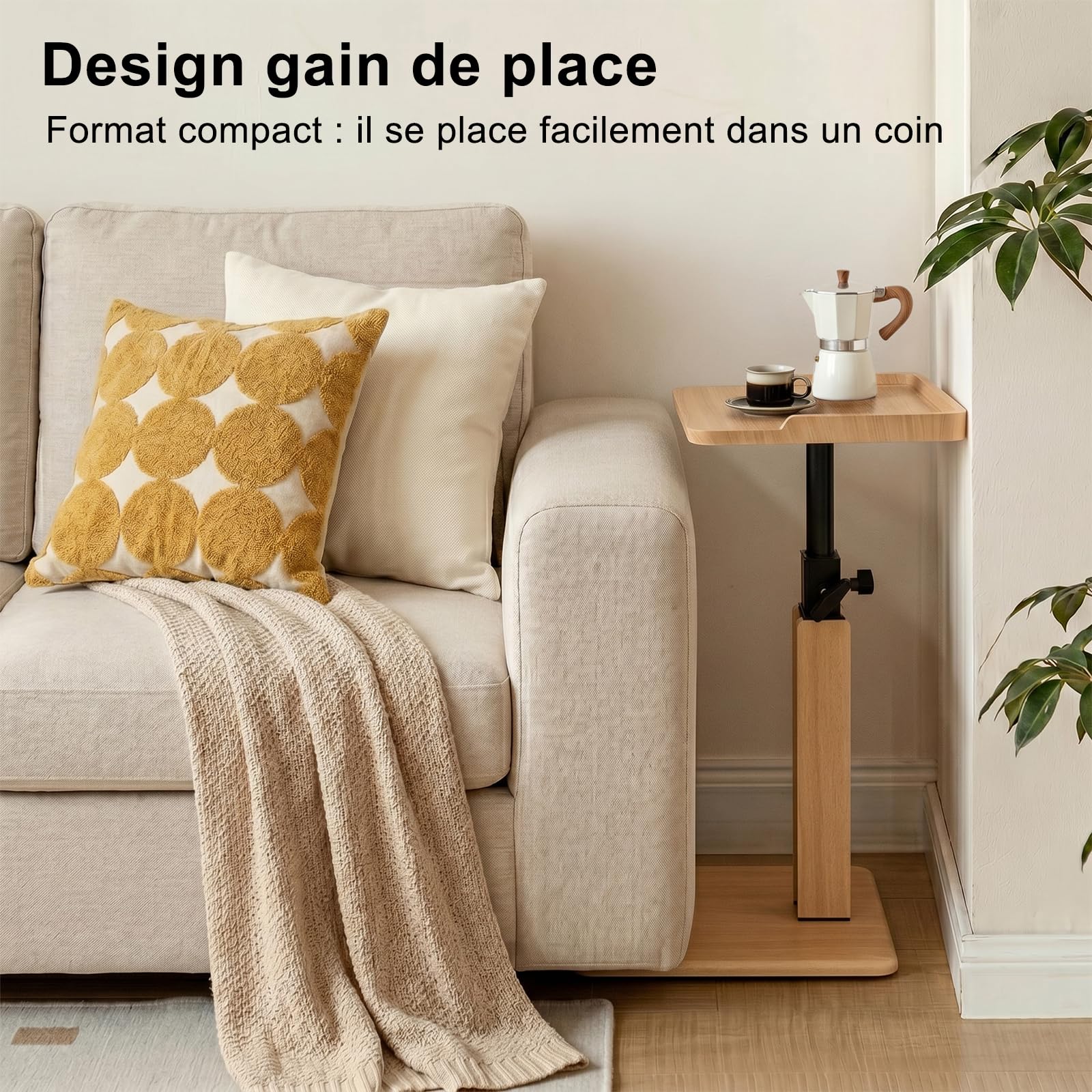 Table d'Appoint en Forme de C Réglable 45-80 cm, Bout de Canapé Chêne Clair avec Plateau à Rebords, Table Canapé Gain de Place pour Salon, Chambre, Lit et Petits Espaces