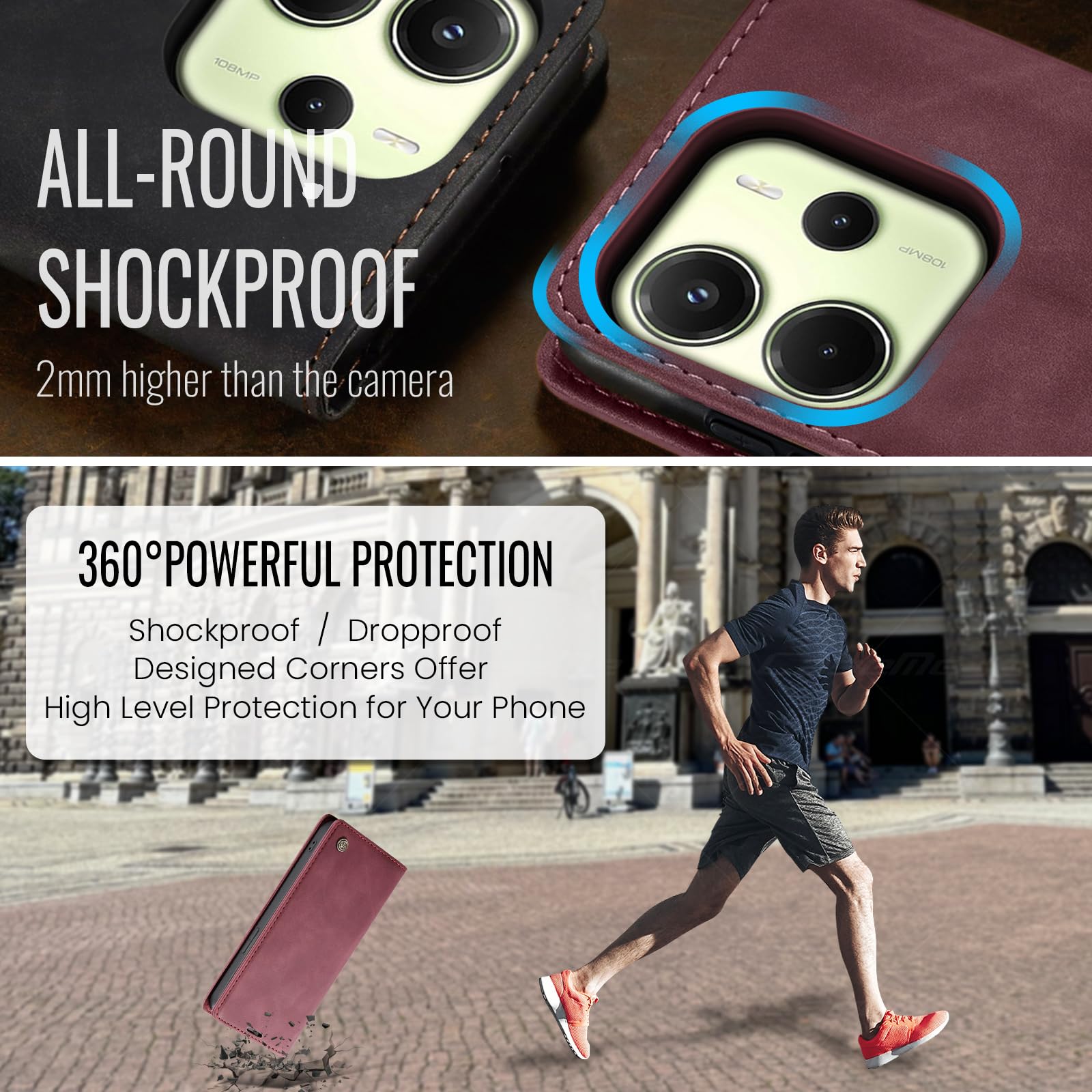 Samokor Cover per Xiaomi Redmi Note 14 4G Pelle Flip Custodia Cavalletto Portafoglio Magnetica Carta Fessura Antiurto per Xiaomi Redmi Note 14 4G,Vino Rosso