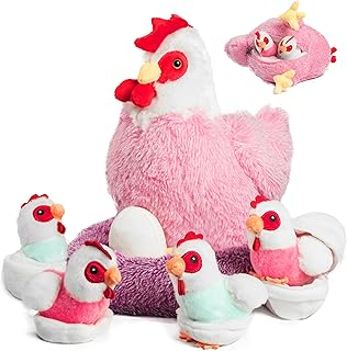 9 in 1 Chicken Stuffed Animal Set, Stuffed Chicken Plush Toys for Kids Egg Laying Hen with Coop, Baby Chicks Plush Chickens and Eggs for Girls Birthday Easter Farm Party Decor (Pink)