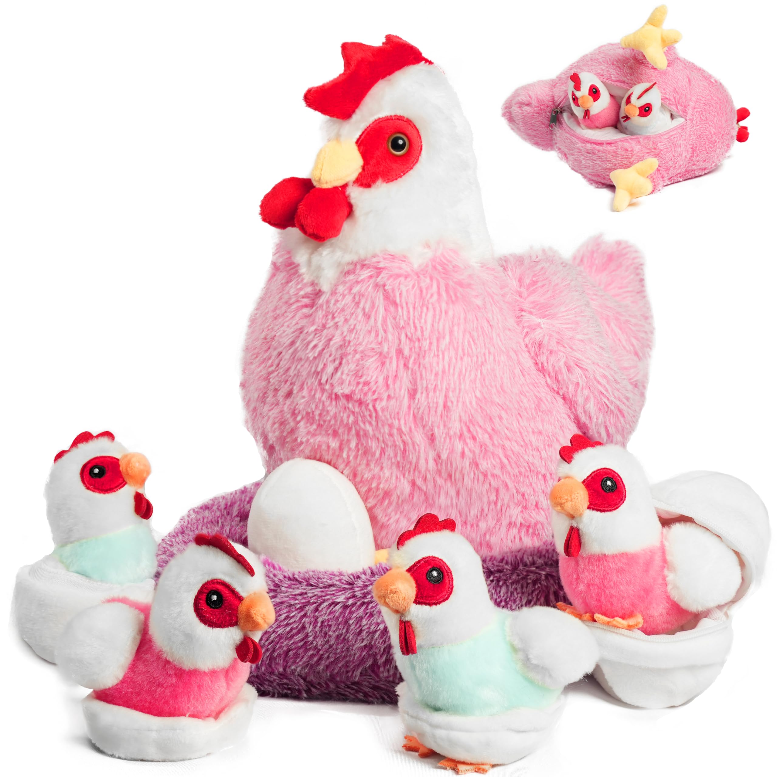 Chicken Stuffed Animal Plush Toy, 9 in 1 Egg Laying Hen with Zippered Belly for Kids, Mommy Hen with Baby Chicks and Coop for Boys Girls Birthday Christmas Back to School Gift