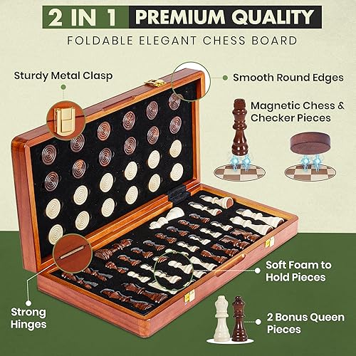 Miniatura 3 de Juego de ajedrez magnético de madera 2 en 1 de 15 pulgadas (2 reinas adicionales, juego de ajedrez plegable y bolsa de almacenamiento de algodón),
