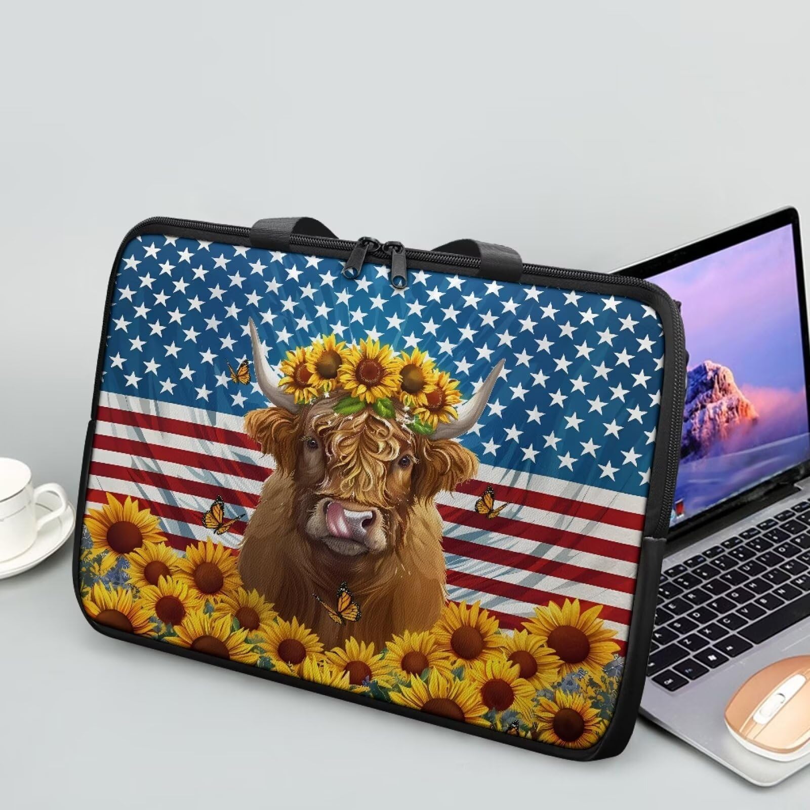 Pzuqiu American Sunflower Yak Laptop Bag with Handle Shockproof Computer Cover Compatible with 10-17 Inch Tablet Travel Carrying Case Protective Laptop Briefcase, 15 Inch