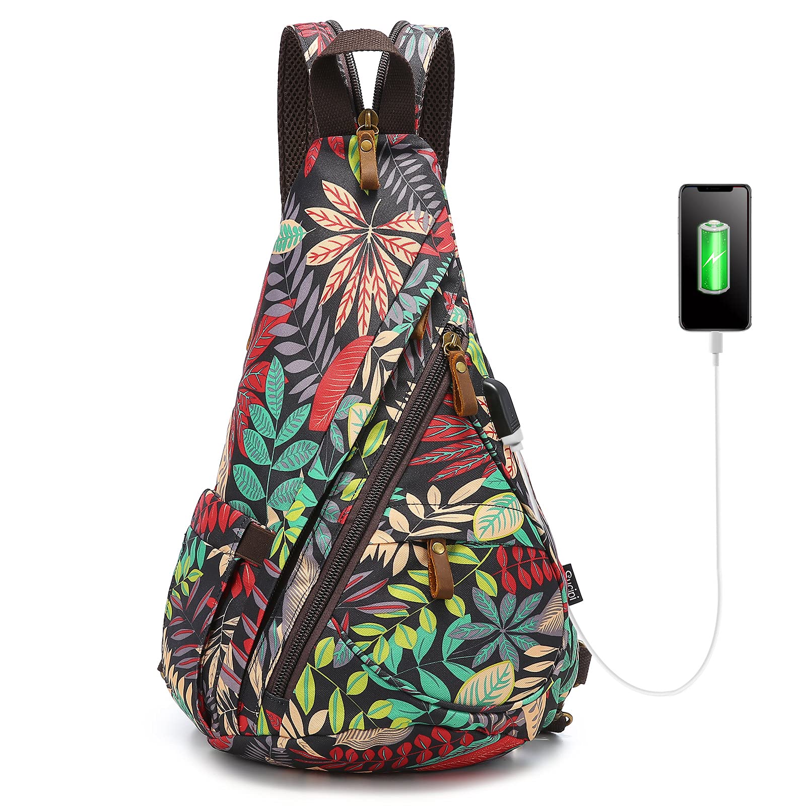 Canvas Sling Bag Chest Shoulder Backpack Small Crossbody Bags for Men Women with USB Charging Port