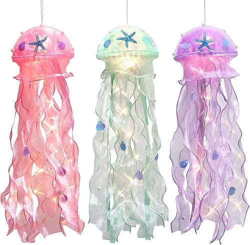Decoración colgante de medusas iridiscentes con purpurina, 3 unidades, conchas de medusas, linternas LED de perlas de sirena, decoración de