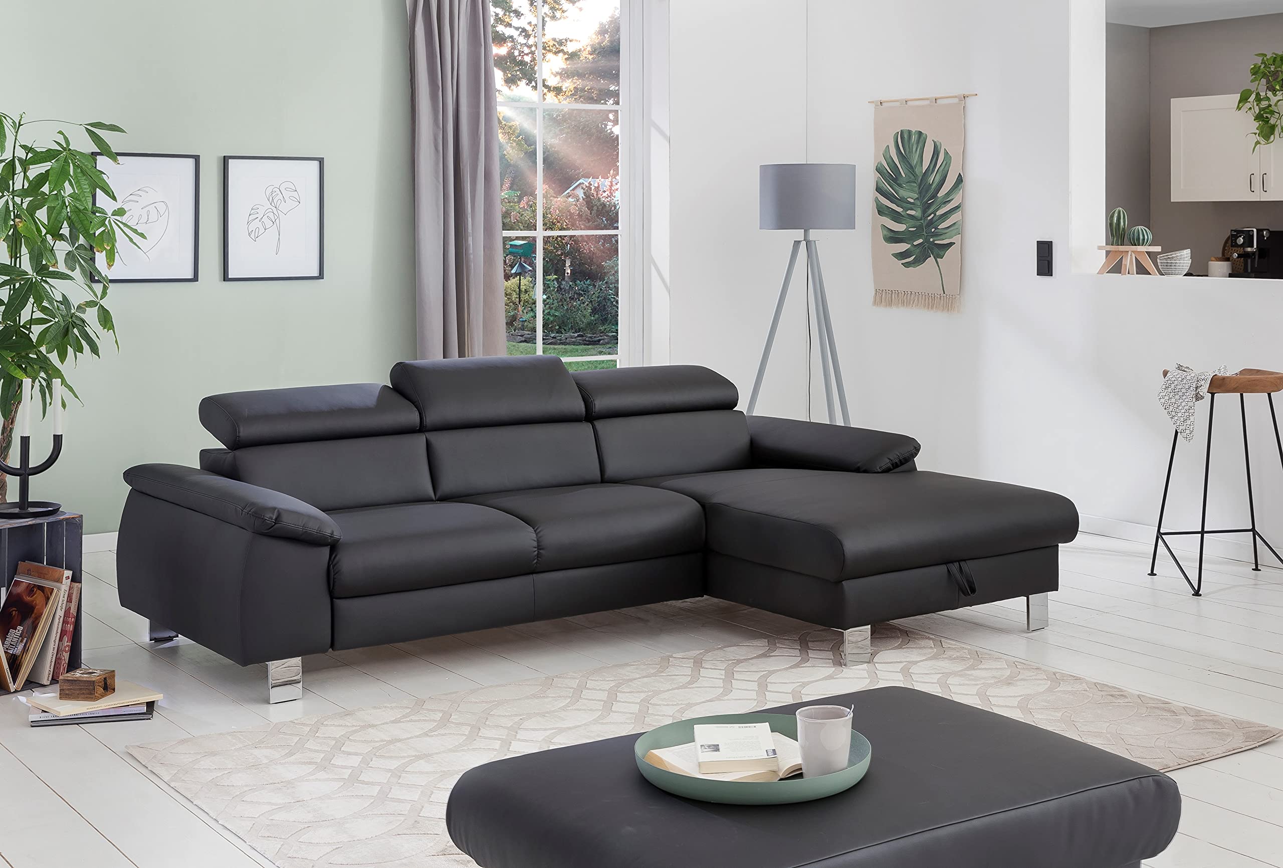 Mivano Ecksofa Micky mit Recamiere / L-Form-Sofa mit Schlaffunktion, Bettkasten und Kopfteilverstellung / 244 x 72 x 166 / Kunstleder, Schwarz