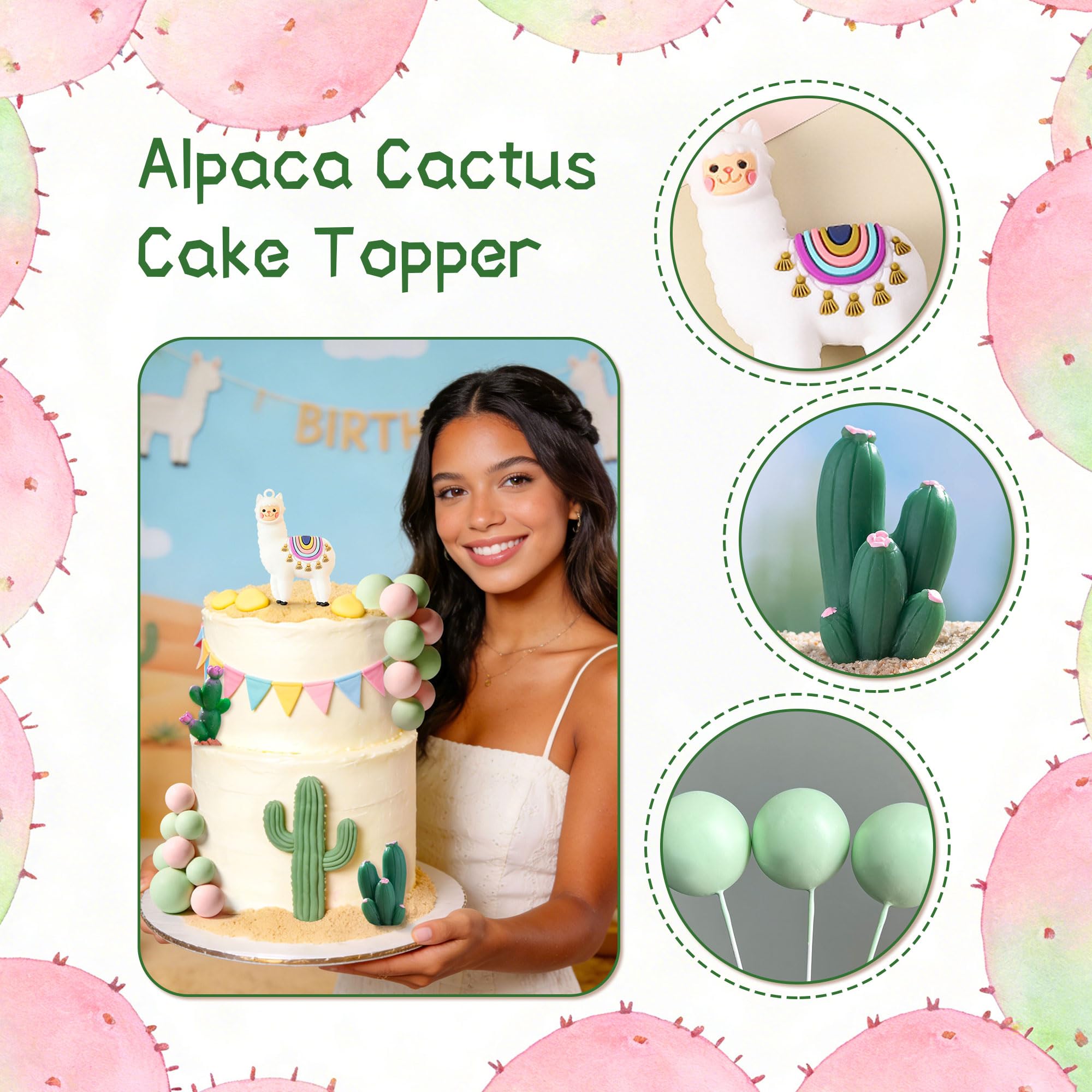 Llama Cactus Alpaca Cactus Cake Topper Decorations for Mexican Fiesta Birthday Baby Shower Cinco De Mayo Party Supplies - Image 3