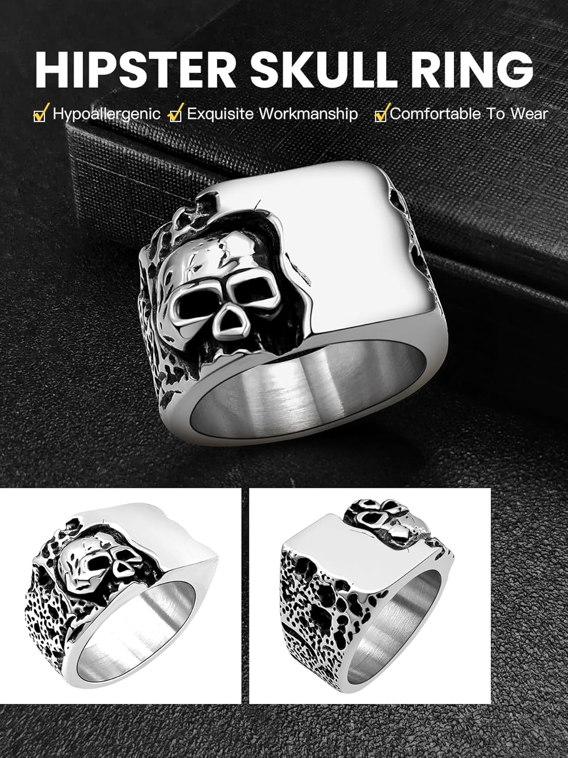 Cool Retro Skull Rings 316L Stainless Steel/18K Gold/Black Gothic Skull Band Rings Faith Jewelry for Men Women, Size7-14 with Gift Box - Image 6