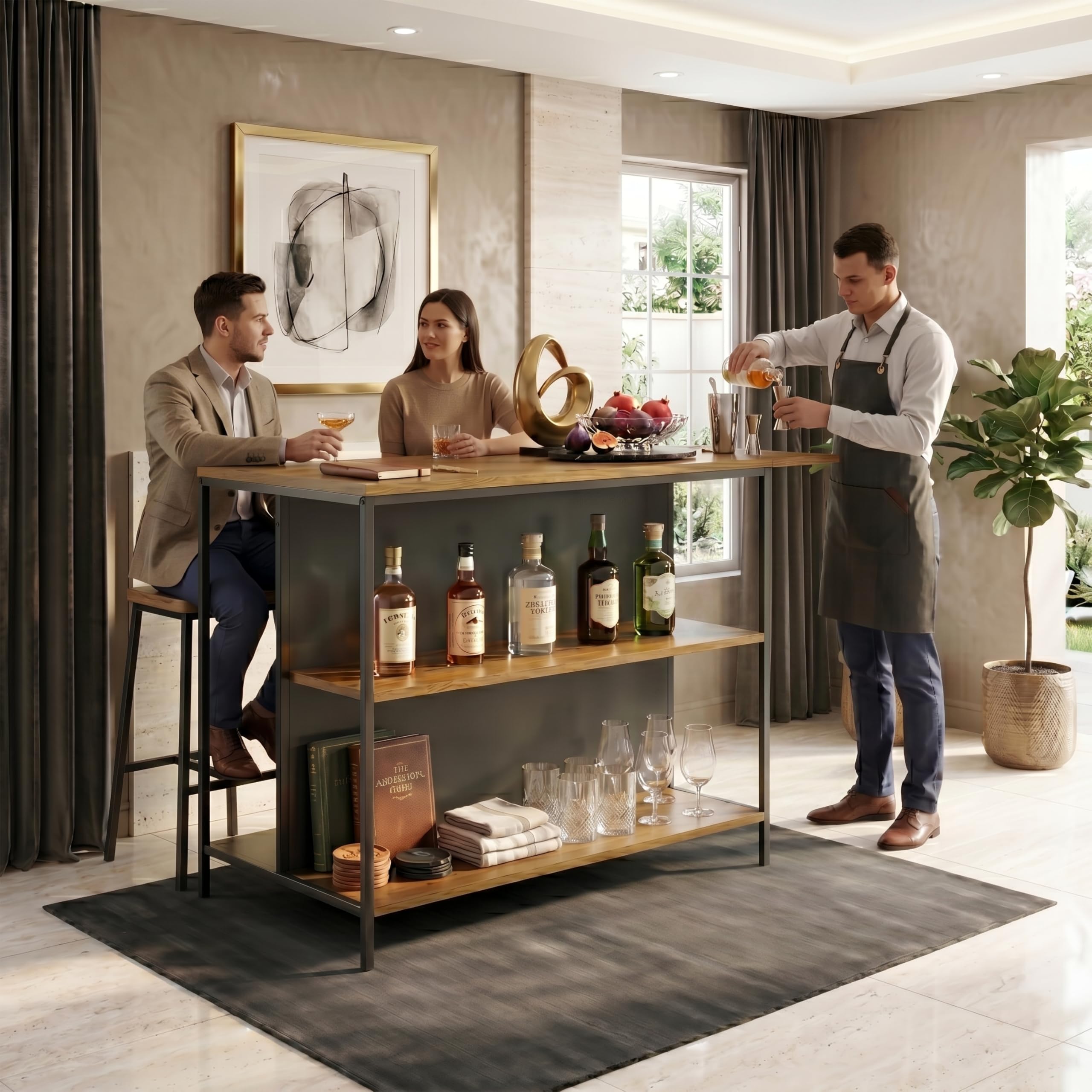 Klaxon Modern Bar Table with Foldable Wine Rack, Counter Height Pub Bistro Table for Kitchen & Dining Area, Forest Dark