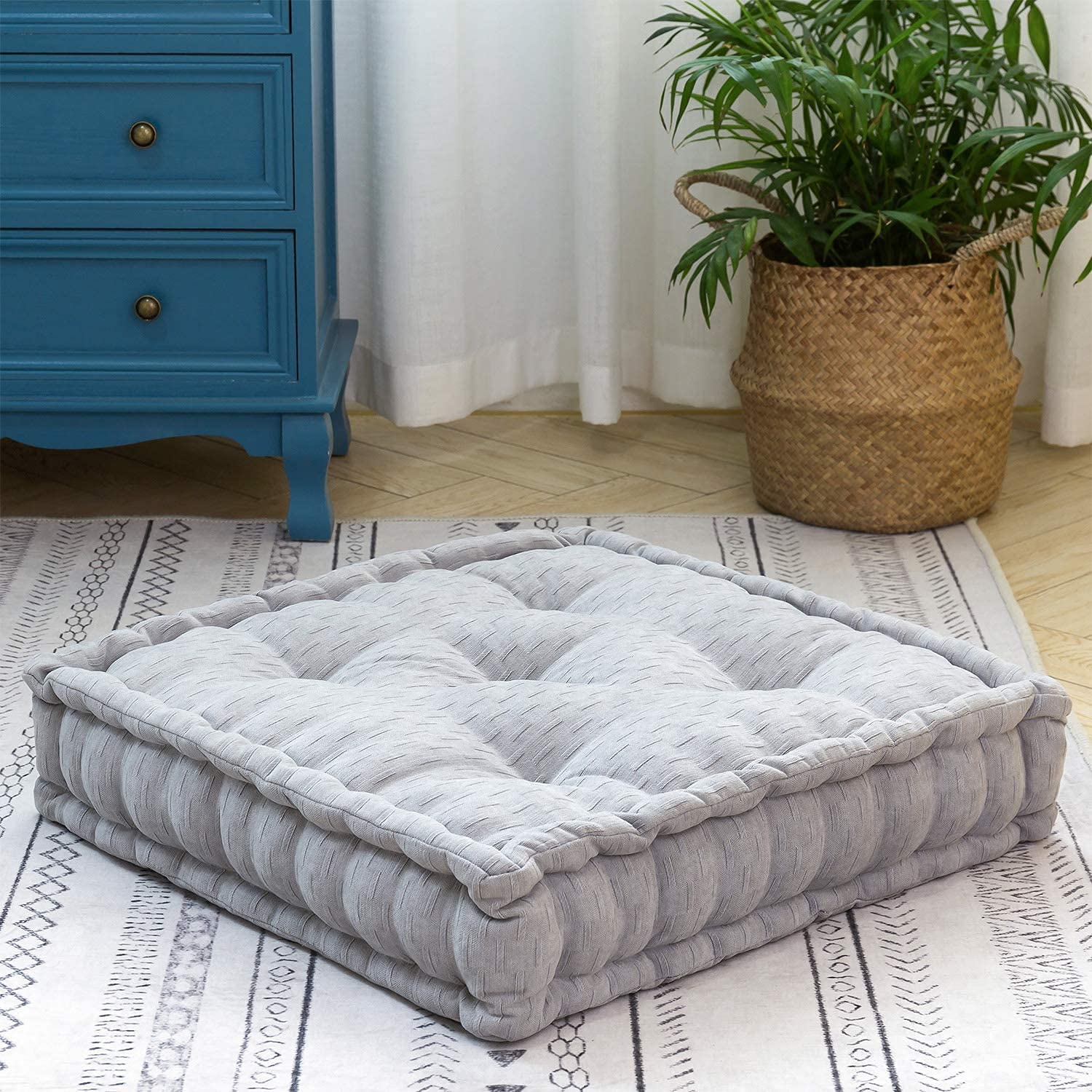 Hcosmy Floor Cushion Pouf, Square Floor Pillow Seating Chenille Meditation Cushion, Thick Tufted Pillows for Living Room Yoga Bedroom Sofa, 45 x 45CM (Light Grey)