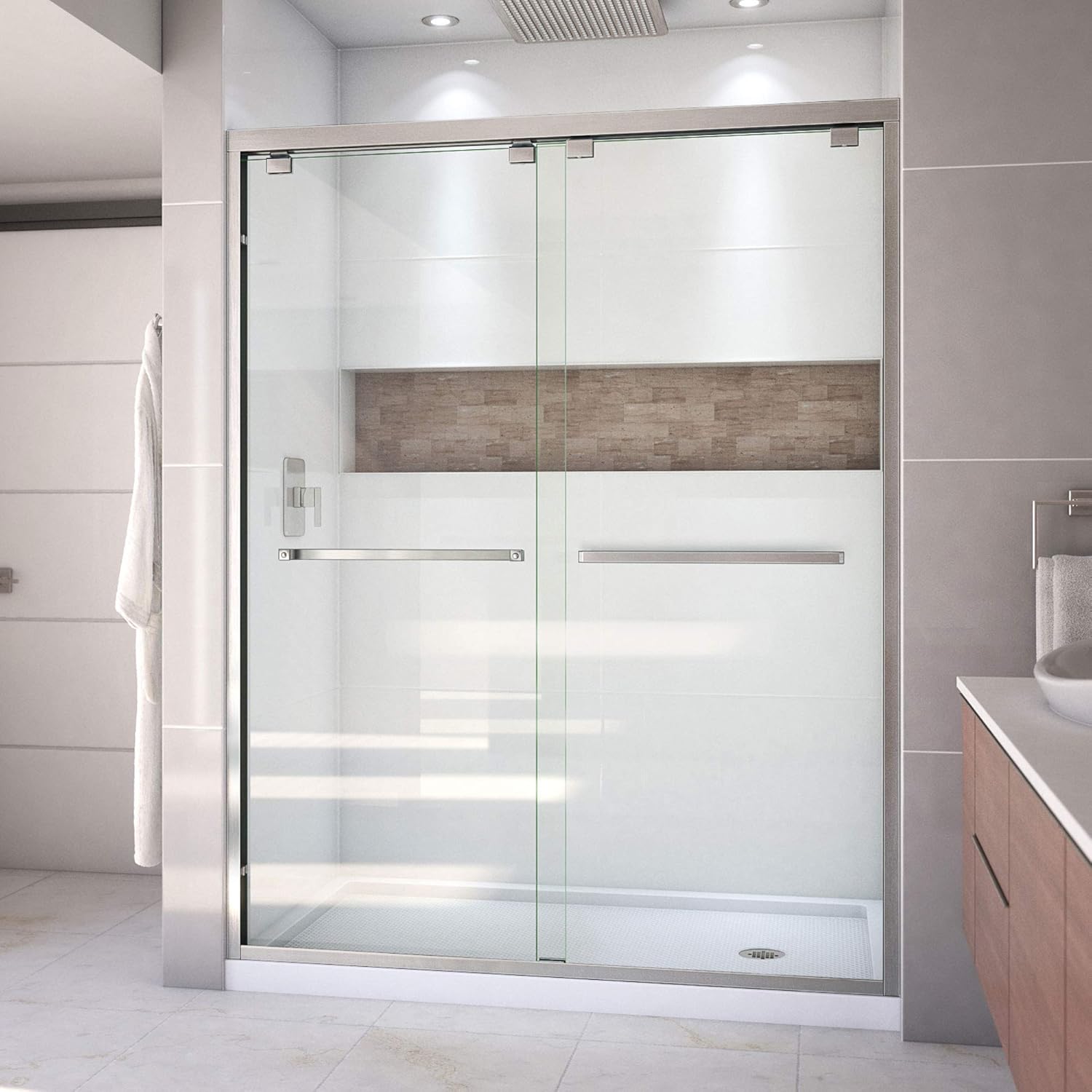 DreamLine Encore 32 in. D x 60 in. W x 78 3/4 in. H Bypass Shower Door in Brushed Nickel and Right Drain White Base Kit, DL-7005R-04