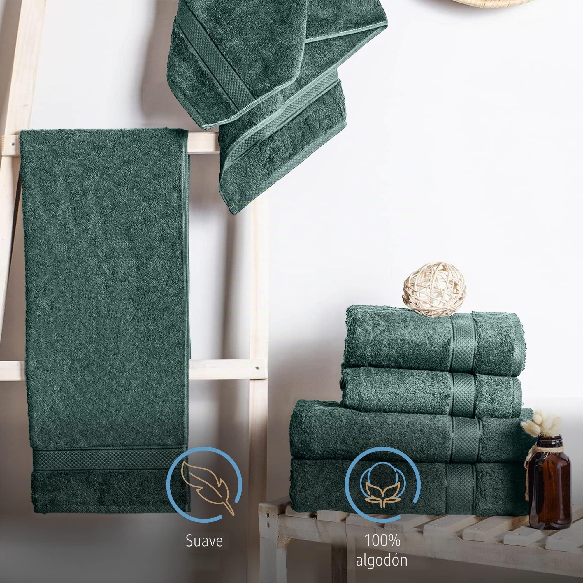 Komfortec Juego de 8 Toallas de Mano de 100% algodón, 4 Toallas de baño de 70 x 140 cm y 4 Toallas de 50 x 100 cm, de Rizo, Suave, Toalla Grande, Verde Oscuro