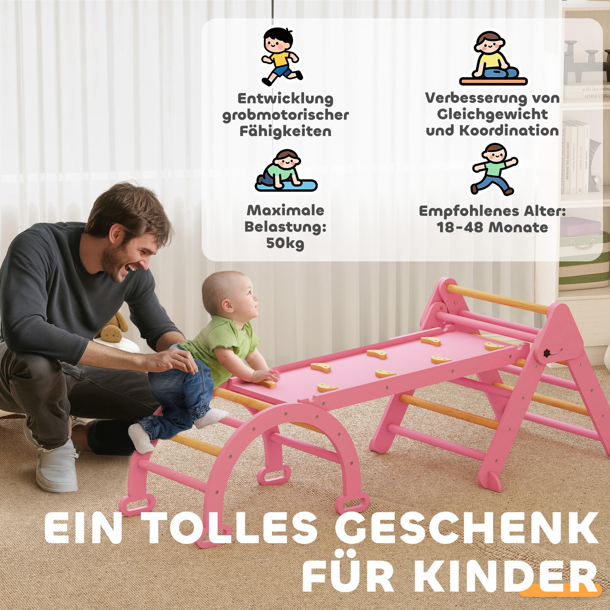 AIYAPLAY 7-in-1 Montessori Klettergerüst Indoor, faltbar Holz Kletterdreieck mit Rutsche, Bogen, Indoor Spielplatz für Kinder von 1,5-4 Jahre, Rosa