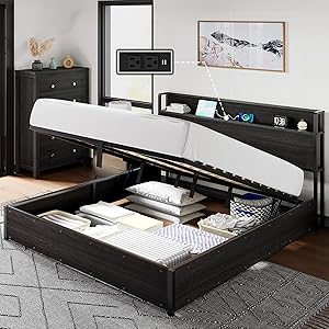 Cama con almacenaje 140x200 cm con arcón abatible – Cama Plataforma con Espacio de Almacenamiento y estación de Carga, sin somier, silenciosa, Negro