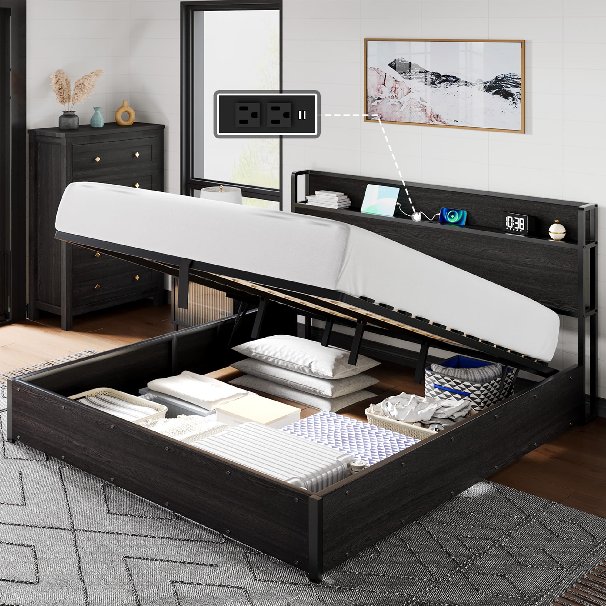 LUXOAK 160 x 200 cm Lift Up Stauraumbettgestell, Holzplattformbettgestell mit Hebefunktion, Stauraum und Ladestation, Keine Federung erforderlich, Geräuschlos, Schwarz, Ohne Matratze