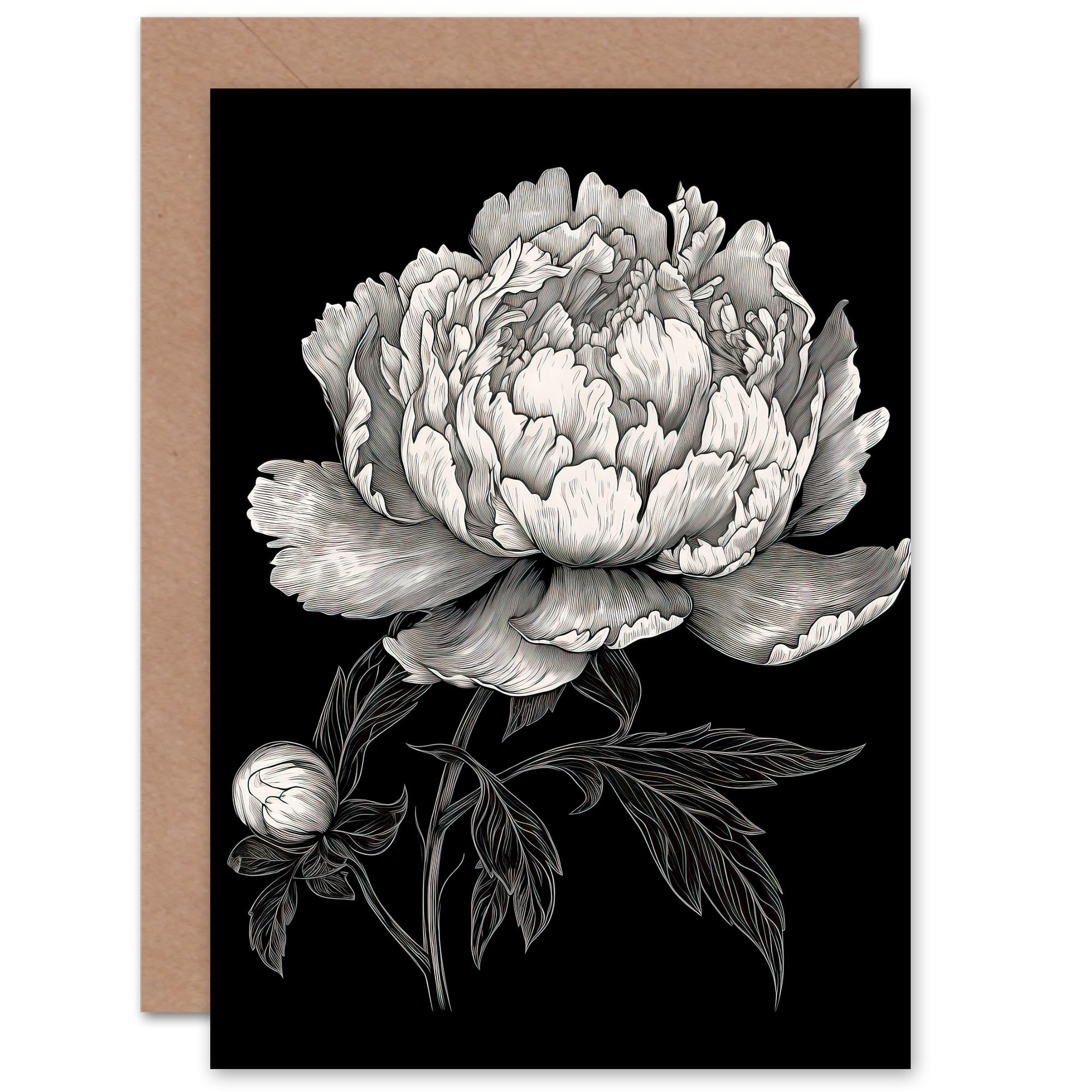 Artery8 A Peony Flower Bloom Black White for Wife Her Mum Sister Daughter Mom Gran Nan Birthday Thank You Get Well Soon Blank Art Greeting Card