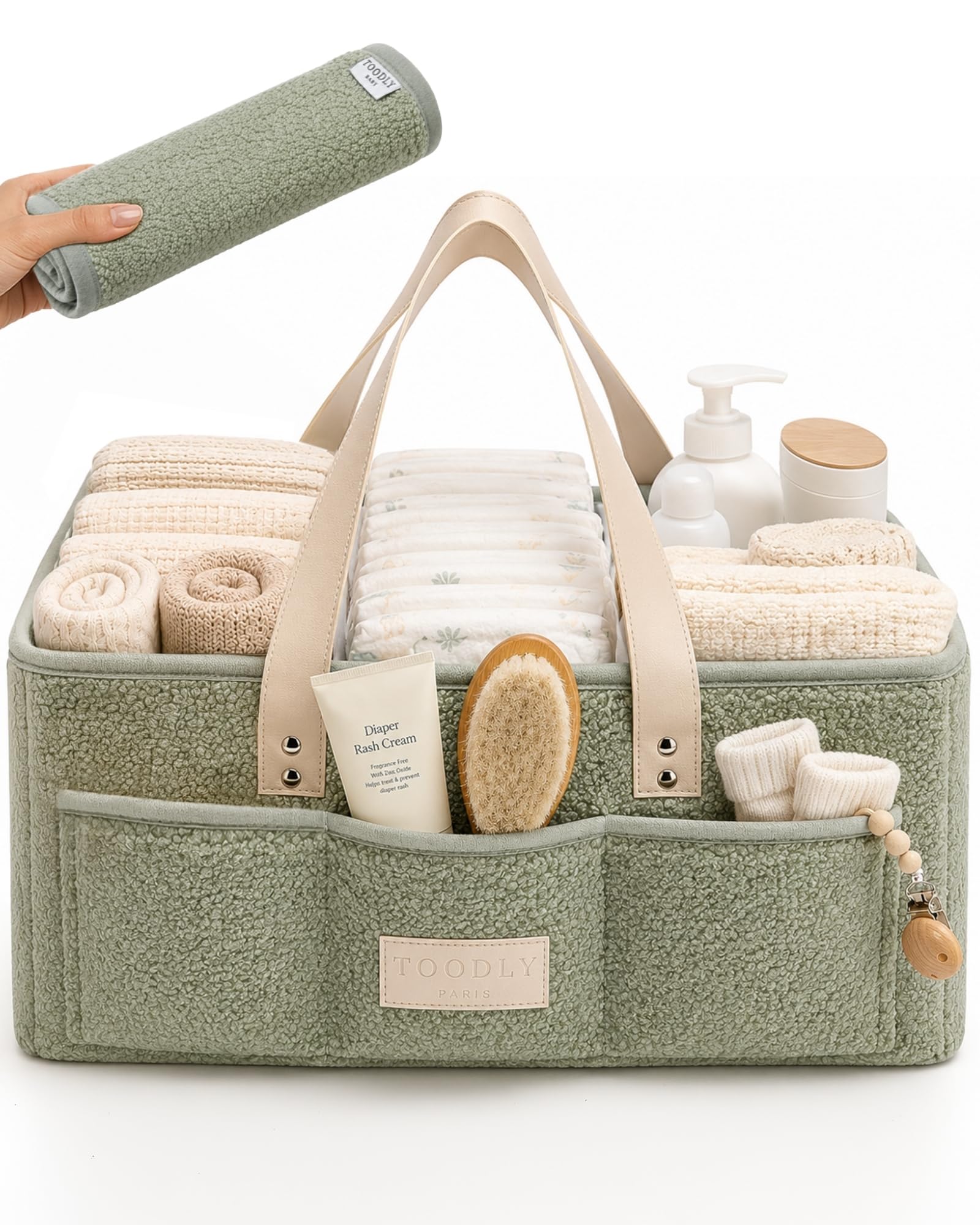 Baby-Wickeltasche mit tragbarer Wickelunterlage – Teddy-Fleece-Windel-Organizer für Wickeltisch – Korb für Wickelutensilien – Baby-Essentials Organizer mit herausnehmbaren Trennwänden