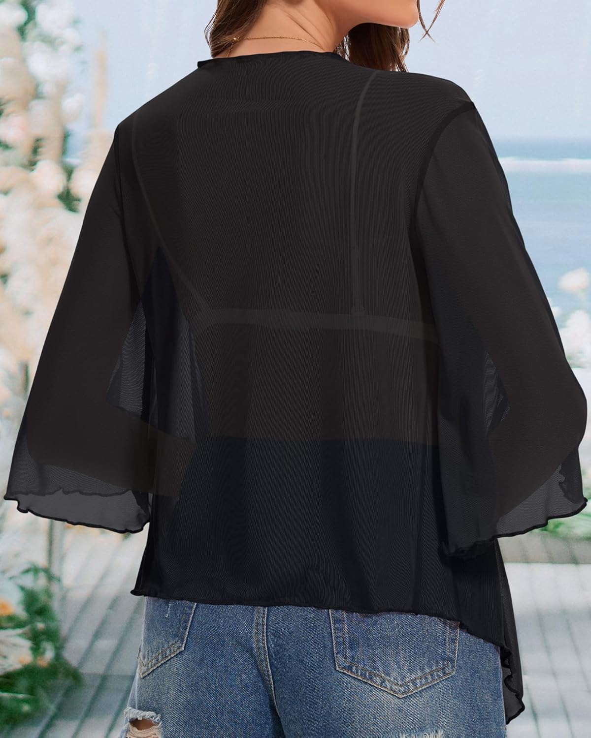 Women's Short Cardigan Bolero Shrug Sheer Tie Front Top 3/4 Sleeve Jacket for Dress - Image 5