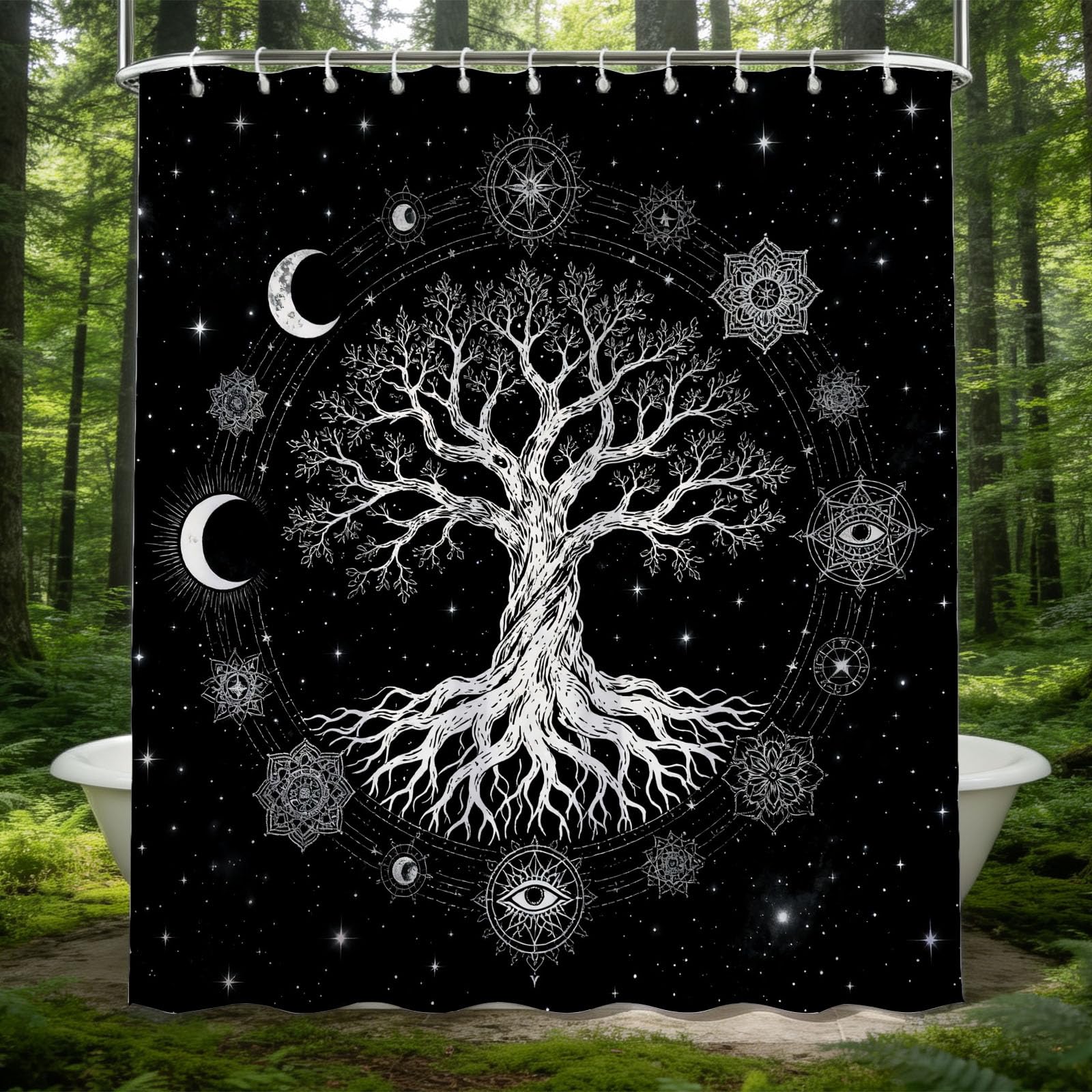 Hongduo 3D Tree Of Life Shower Curtain for Stalls Bathtubs Moon Bathroom Decor Shower Curtain Set Polyester Fabric Waterproof 180x200cm/71X79 Inch with Hooks