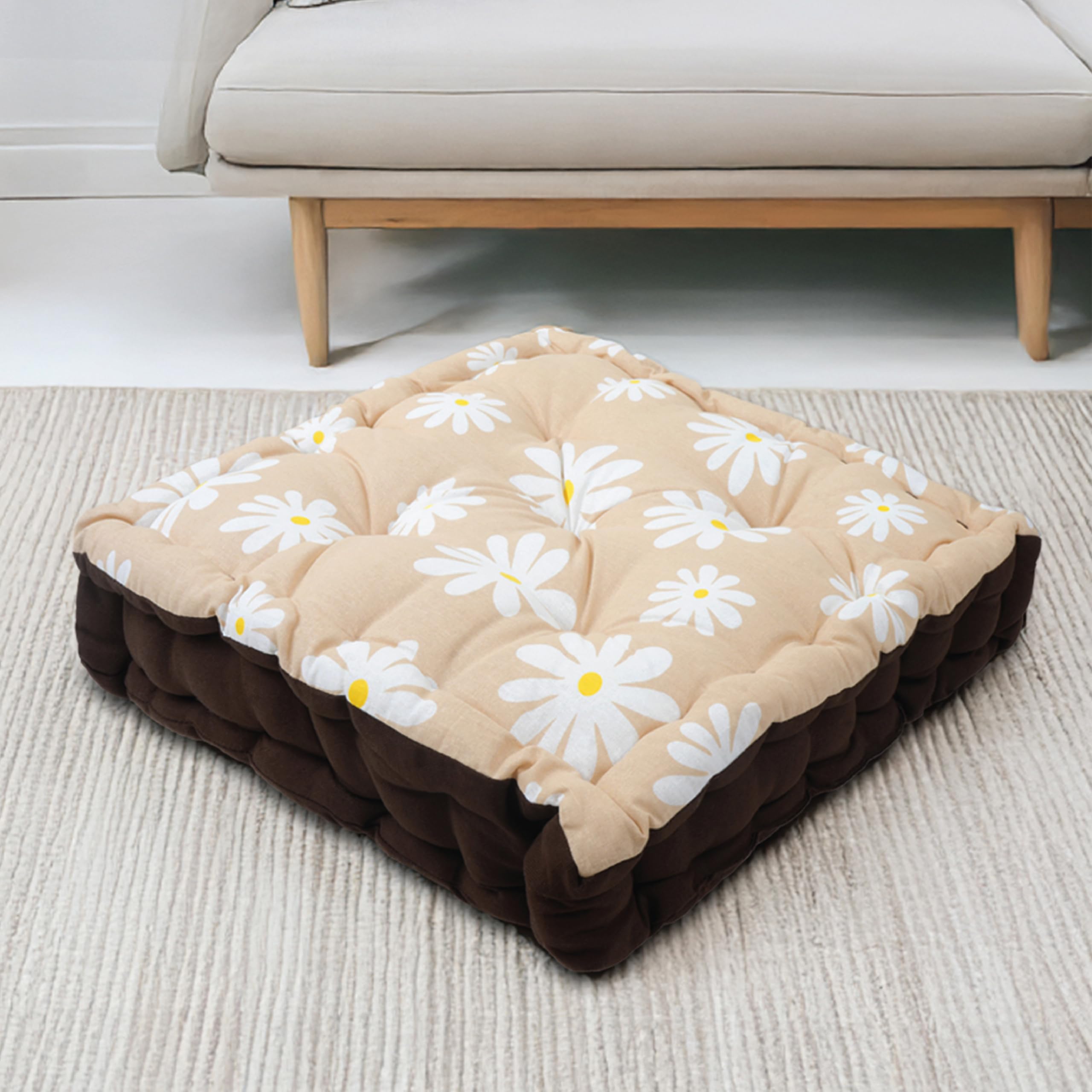 Encasa XO Square Floor Cushions 40x40x8 cm - Daisy Beige & Dk Taupe | Printed Cotton Fabric with Micro-Fiber Filling | Ideal Size for Seating | Meditation Yoga Pooja Guests Living Room Bedroom