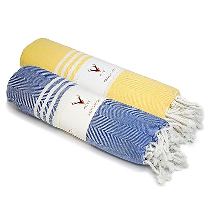 Patvy Bath Towels| Light Weight Turkish Style Bath Towels for Men Large Size Cotton|75 x 150cm Quick Absorption &Faster Drying Bath Towel for Women| 100% Cotton, Yellow & Blue(Pack of 2)