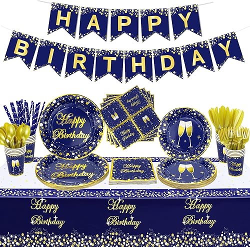 Miniatura 1 de 167 piezas de artículos esenciales de fiesta azul y dorado: pancarta, platos, servilletas, tazas y mantel dorado para baby showers, bodas