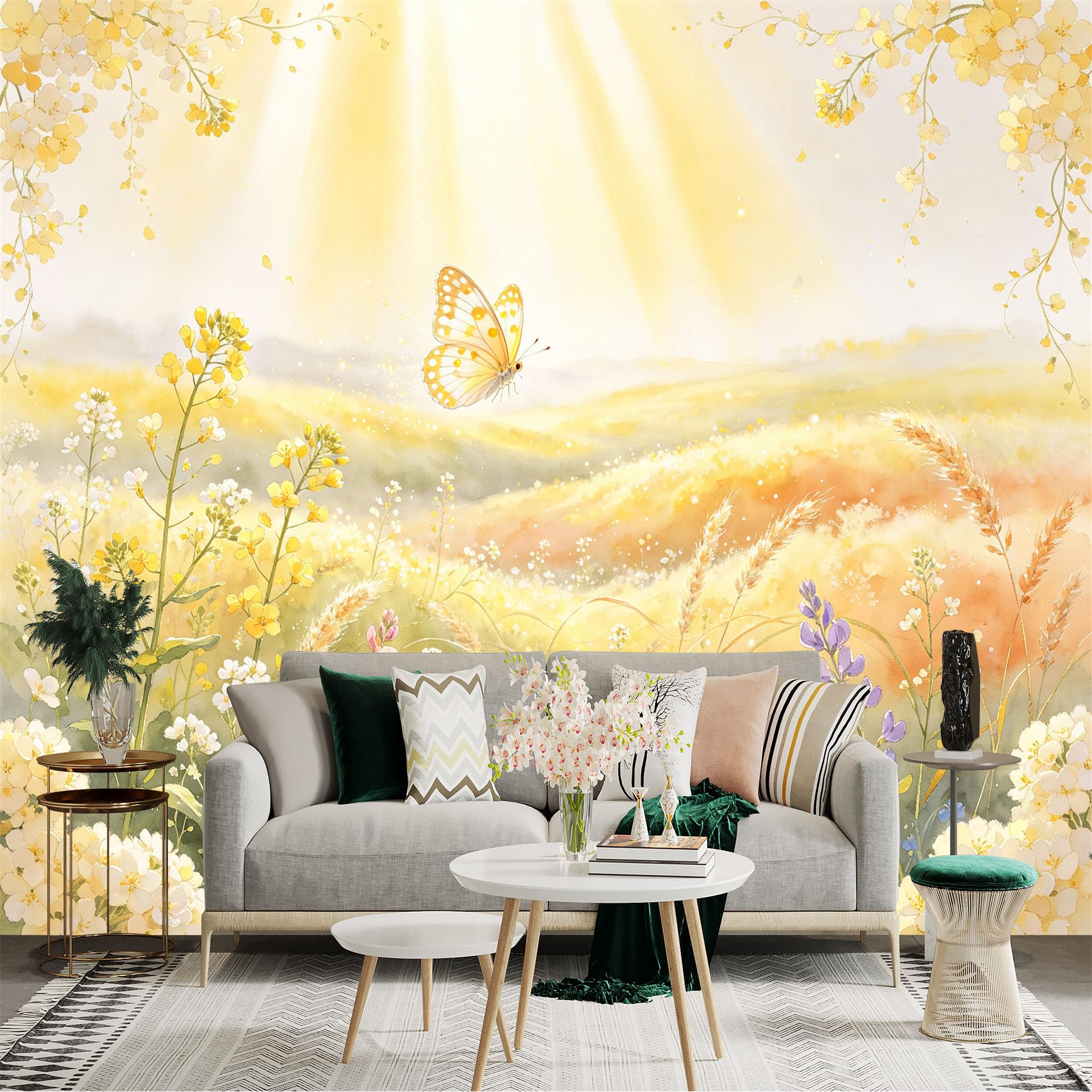 Lnzczhyre Bh260719506 Custom Size Wall Sticker Mural， Watercolor Yellow Floral Meadow， Sunlight And Flying Butterfly， Springtime Garden Landscape， For Wall Decoration， Peelandstick Wall Decals.
