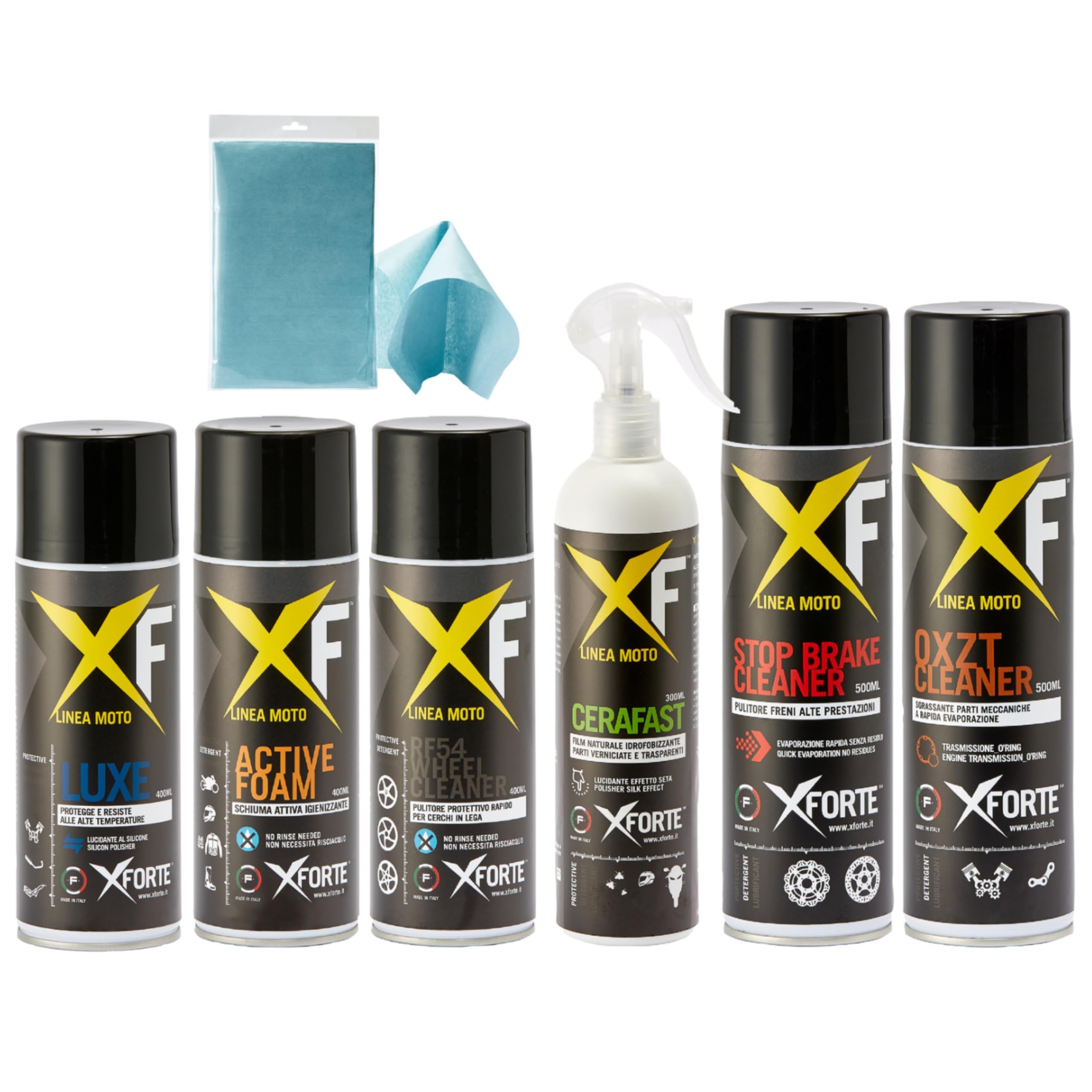 Kit Pulizia Moto Completo XFORTE – Pulizia Senza Acqua con Detergenti Professionali e 9 Panni F-CLEAN EVO Tecnico Inclusi, Ideale per Catena, Freni, Cerchi e Superfici Brillanti