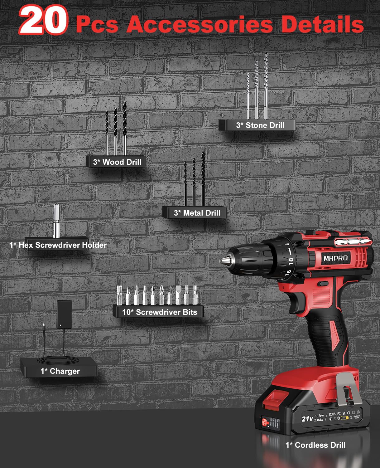 MHPRO Taladro Percutor a Bateria 21V, Taladro Atornillador Bateria, 42N.m Destornillador Electrico con Batería 2.0Ah, 18+1 Ajuste de Par, 20 Accesorios, 2 Velocidad, LED Luz Para Hogar, Bricolaje