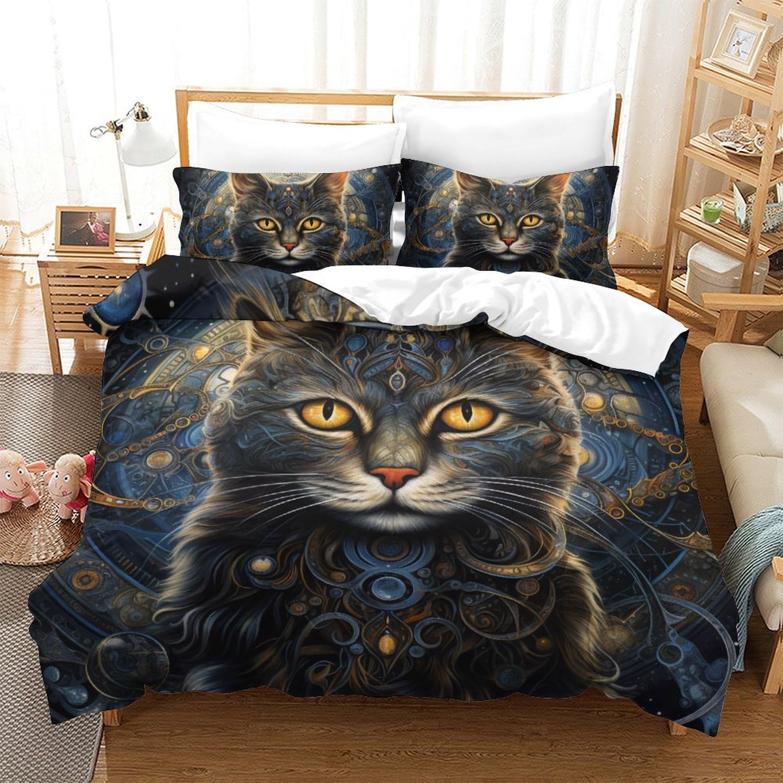 Housse de couette chat 3D 200x200 cm avec 2 taies d'oreiller en microfibre