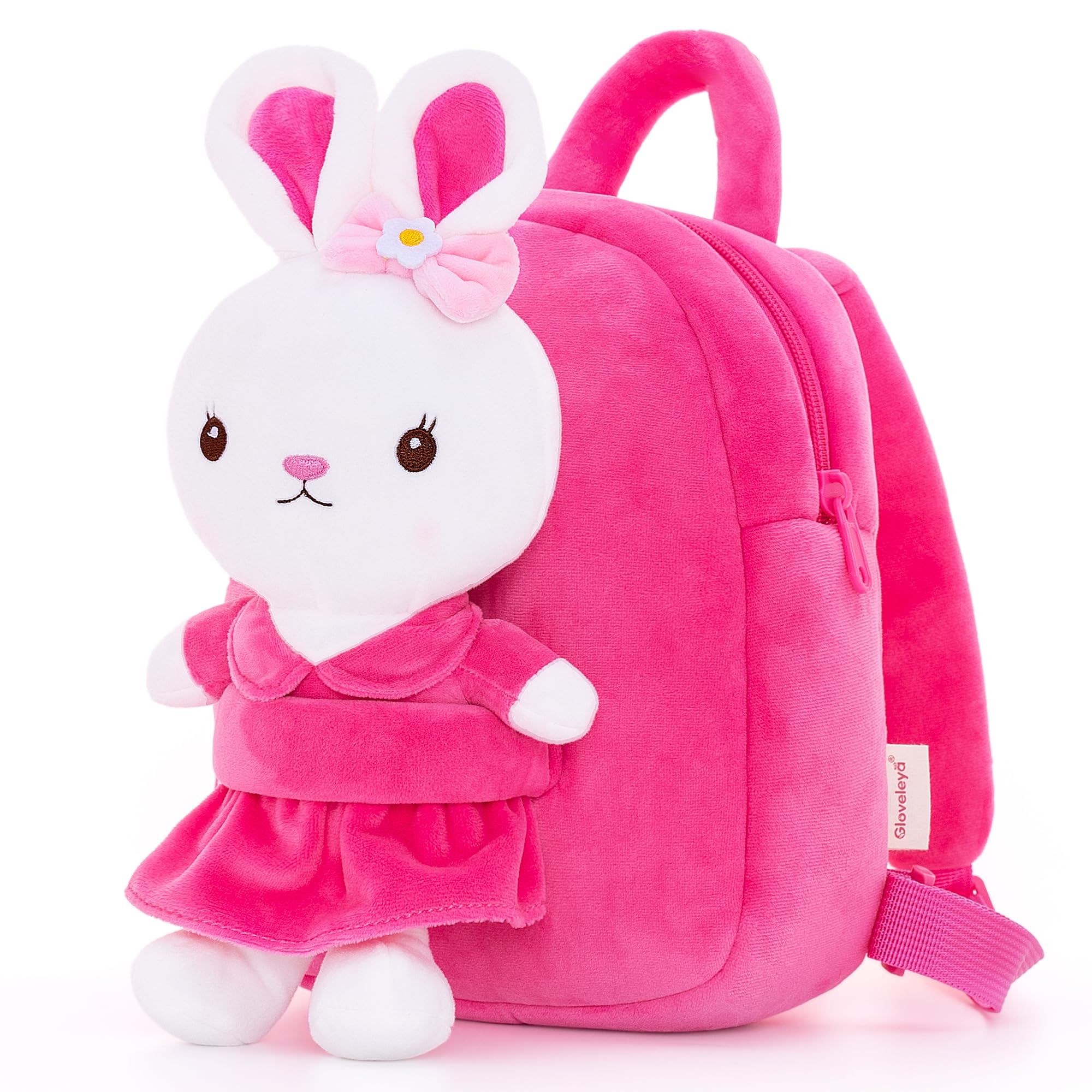Gloveleya Kids Backpack Girl Backpack Toddler Girl Backpacks with Stuffed Bunny Toy Rose Red 9''