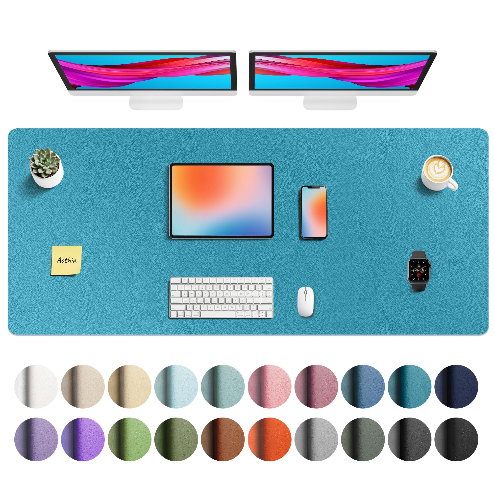 Aothia Faux Leather Desk Mat - Non-Slip PU Leather Desk Blotter, Waterproof Writing Surface, Large Desk Pad for Office &amp; Home (Turquoise, 55" x 24")