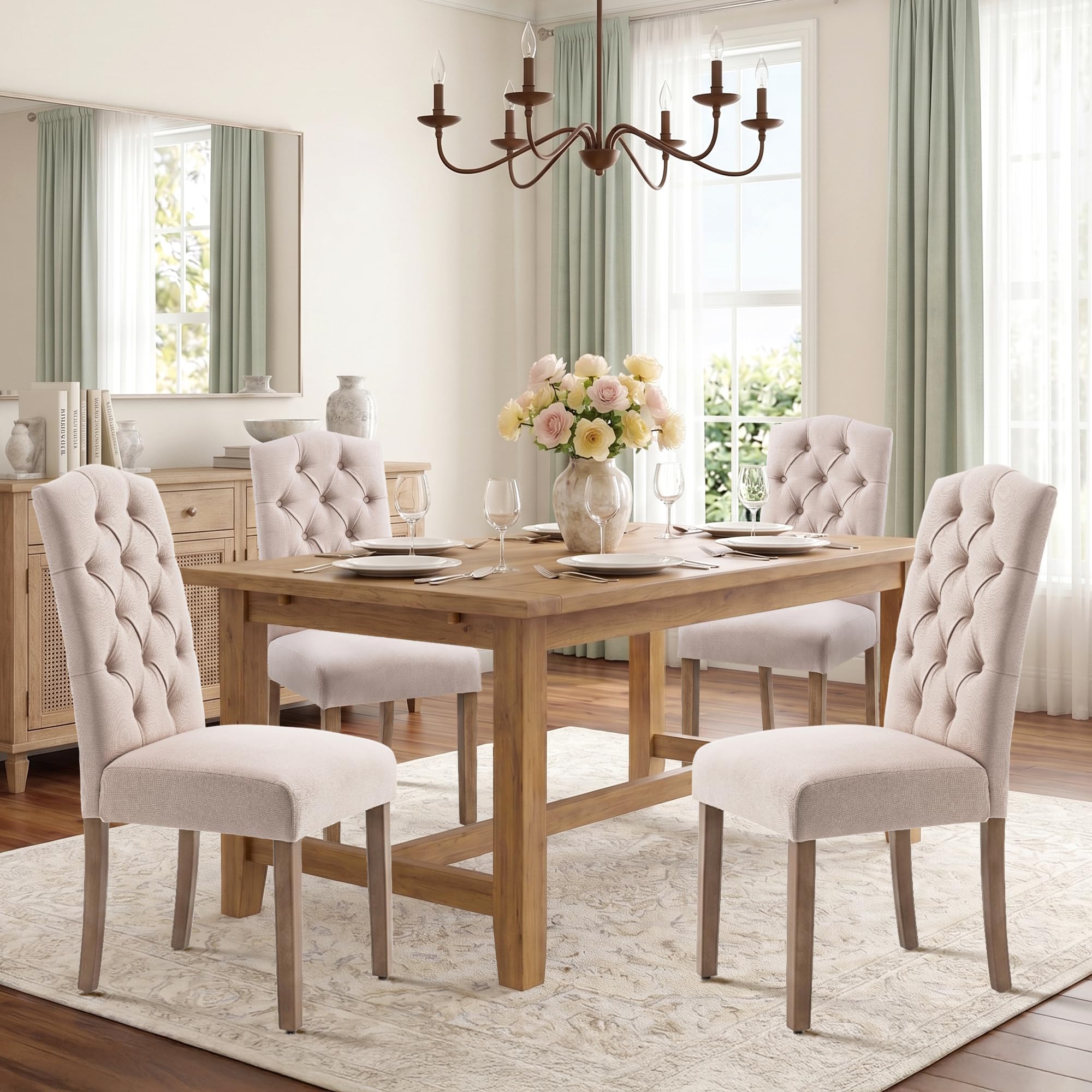 tufted upholstered parsons dining chair set fabric diner accent stylish modern kitchen living room with button sturdy solid wood legs